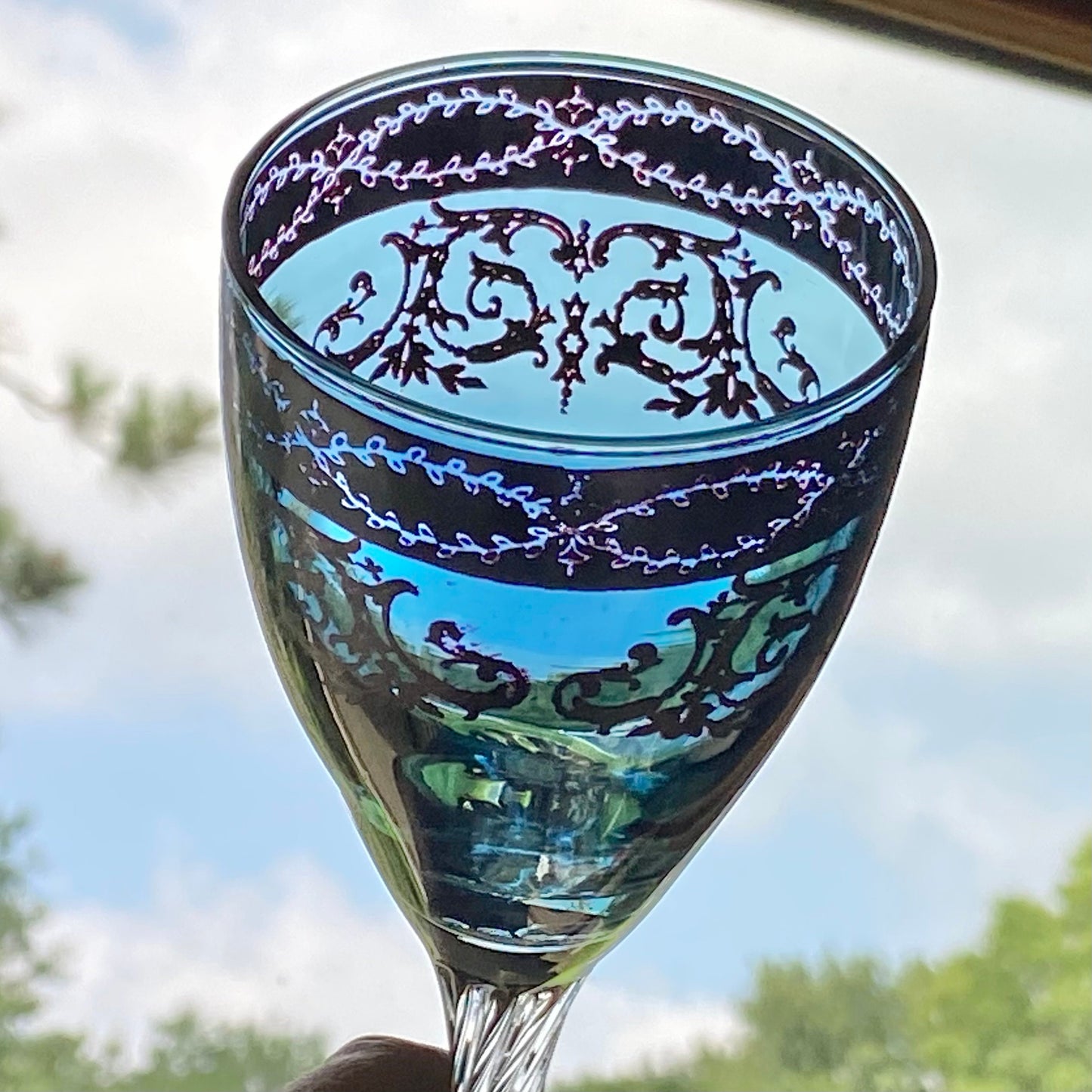 Vintage Arte Italica Blown Crystal Hand Decorated Blue Glasses - Set of 4