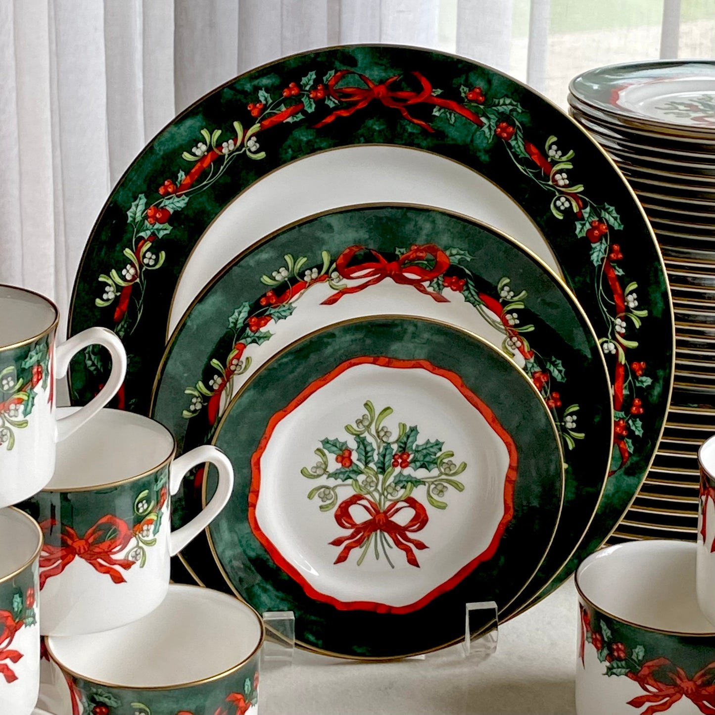 Vintage Royal Worcester Holly Ribbons Gold Rimmed Green Dishes (circa 2001 - 2004) - Service for 4