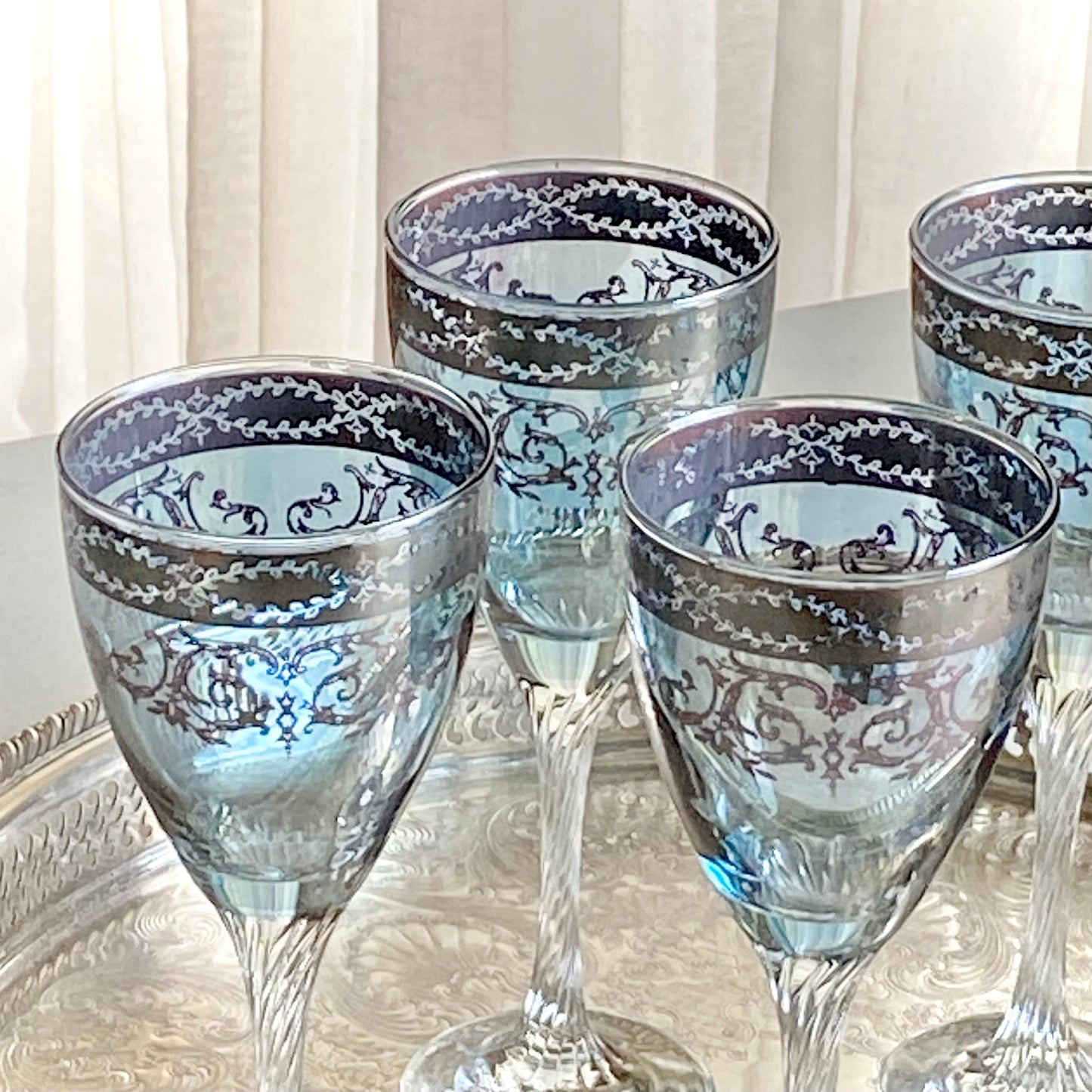 Vintage Arte Italica Blown Crystal Hand Decorated Blue Glasses - Set of 5