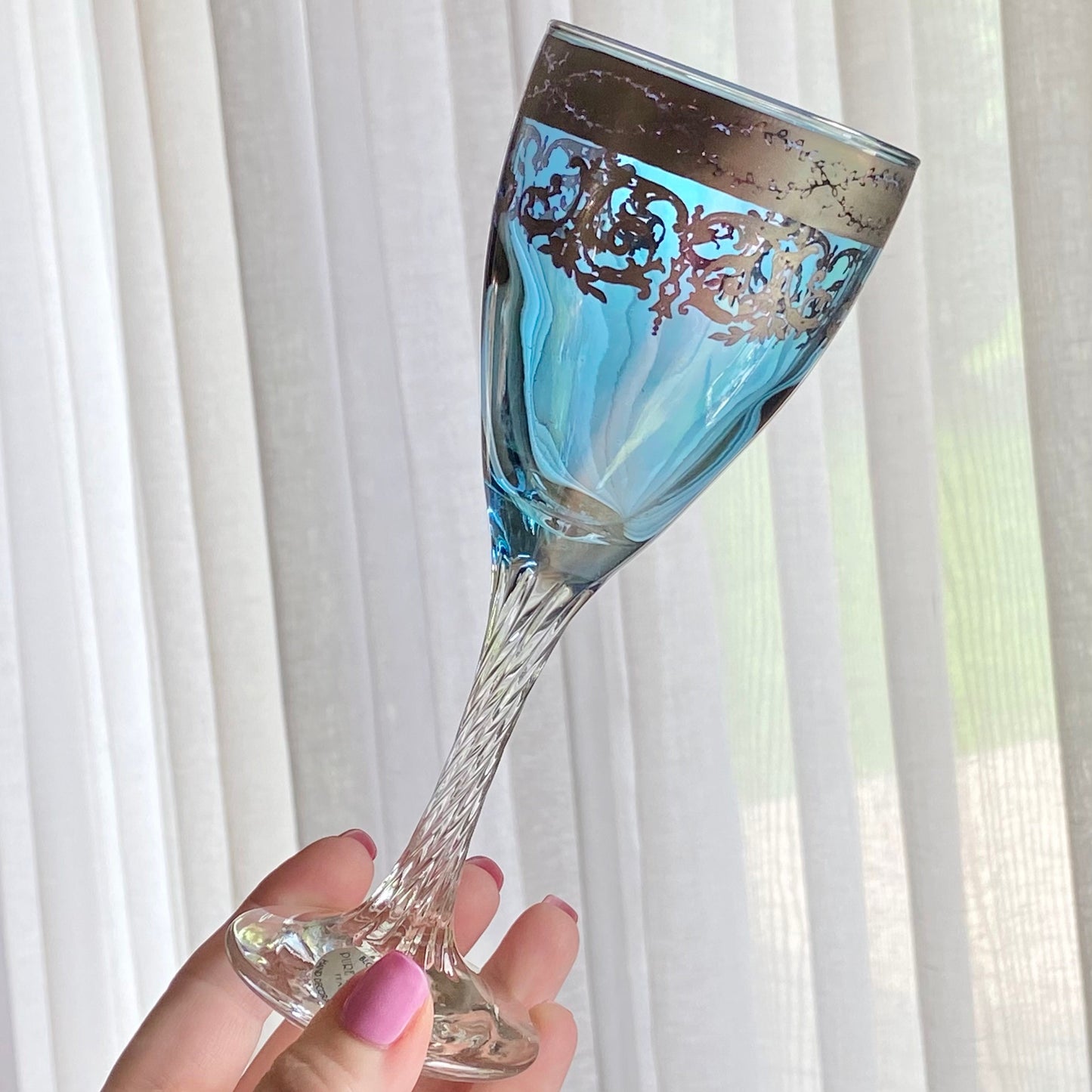 Vintage Arte Italica Blown Crystal Hand Decorated Blue Glasses - Set of 4