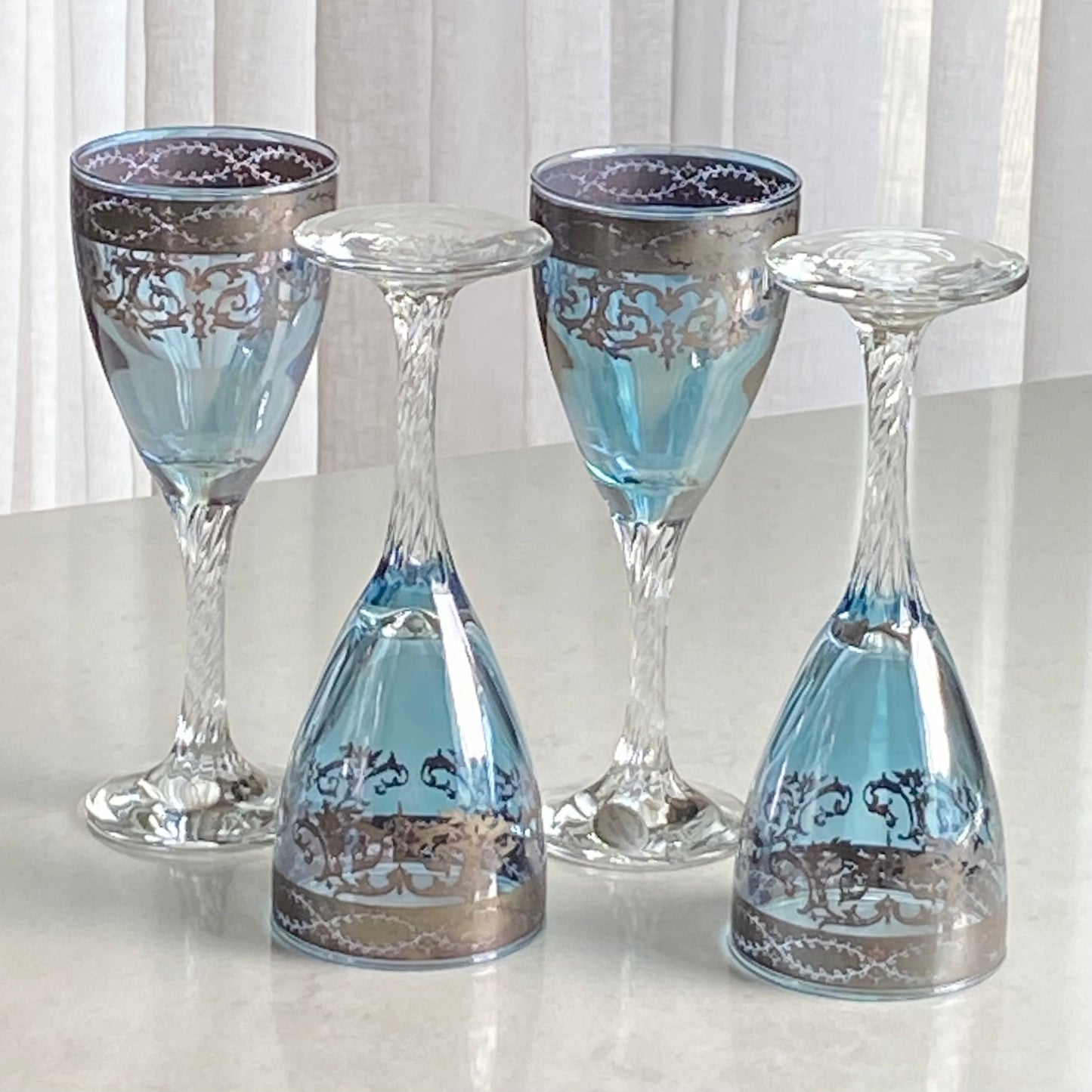 Vintage Arte Italica Blown Crystal Hand Decorated Blue Glasses - Set of 4