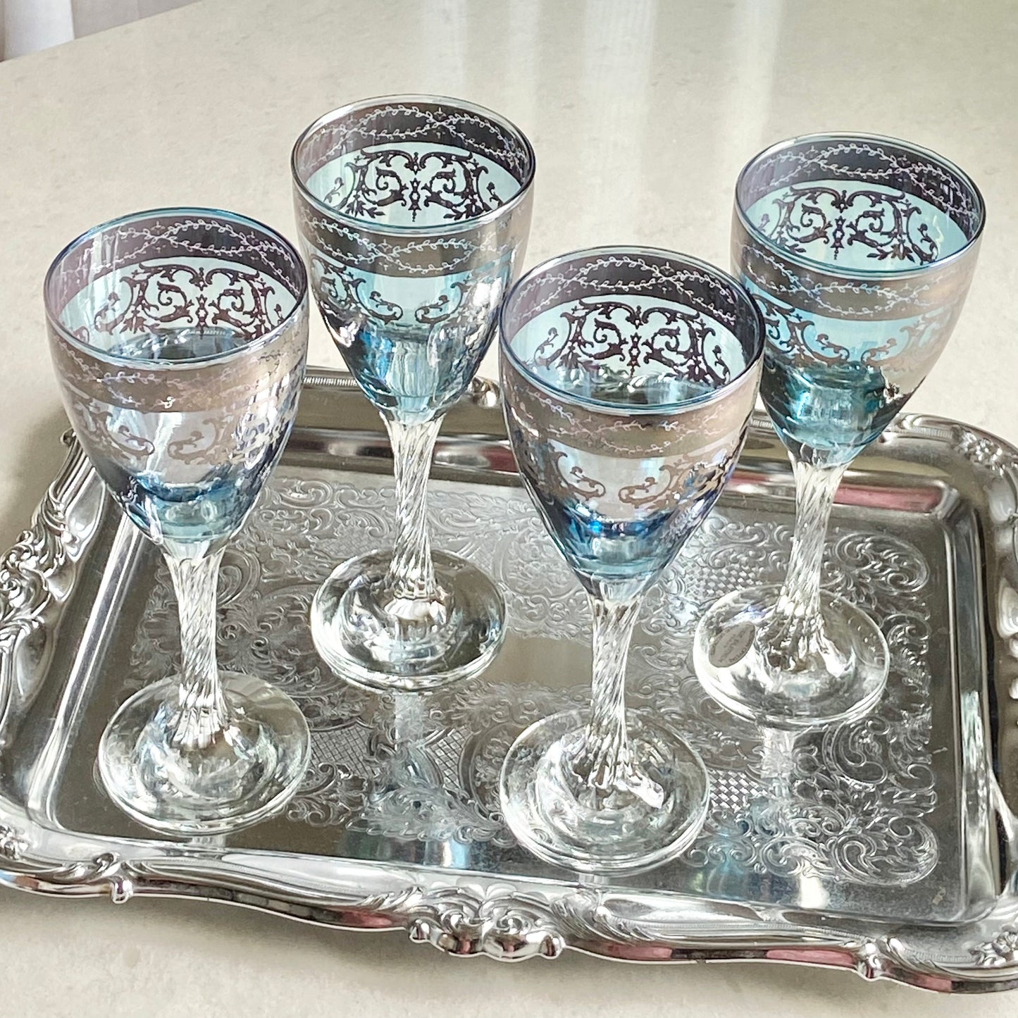 Vintage Arte Italica Blown Crystal Hand Decorated Blue Glasses - Set of 4