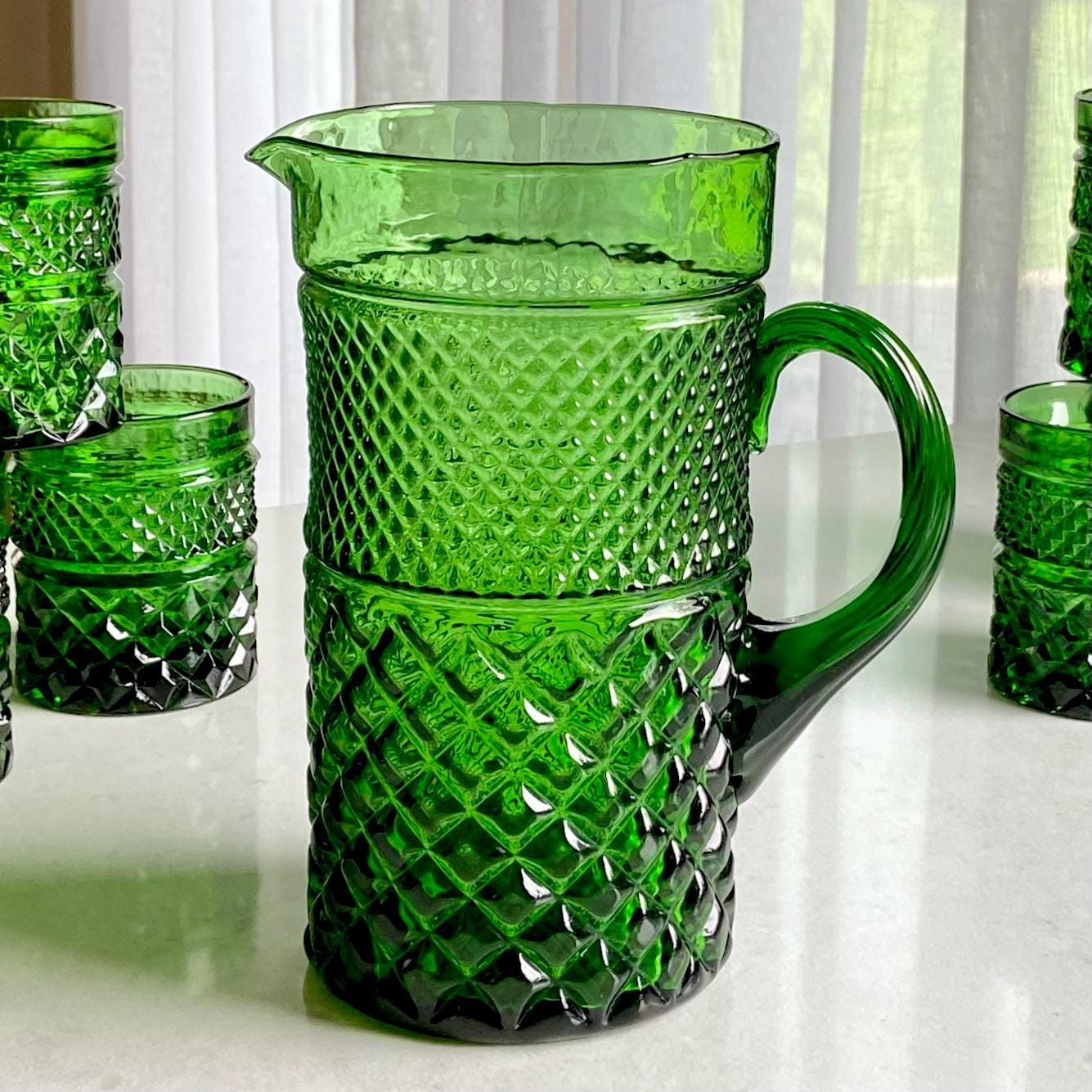 Vintage Emerald Green Diamond Point Pitcher and Ten (10) Glasses