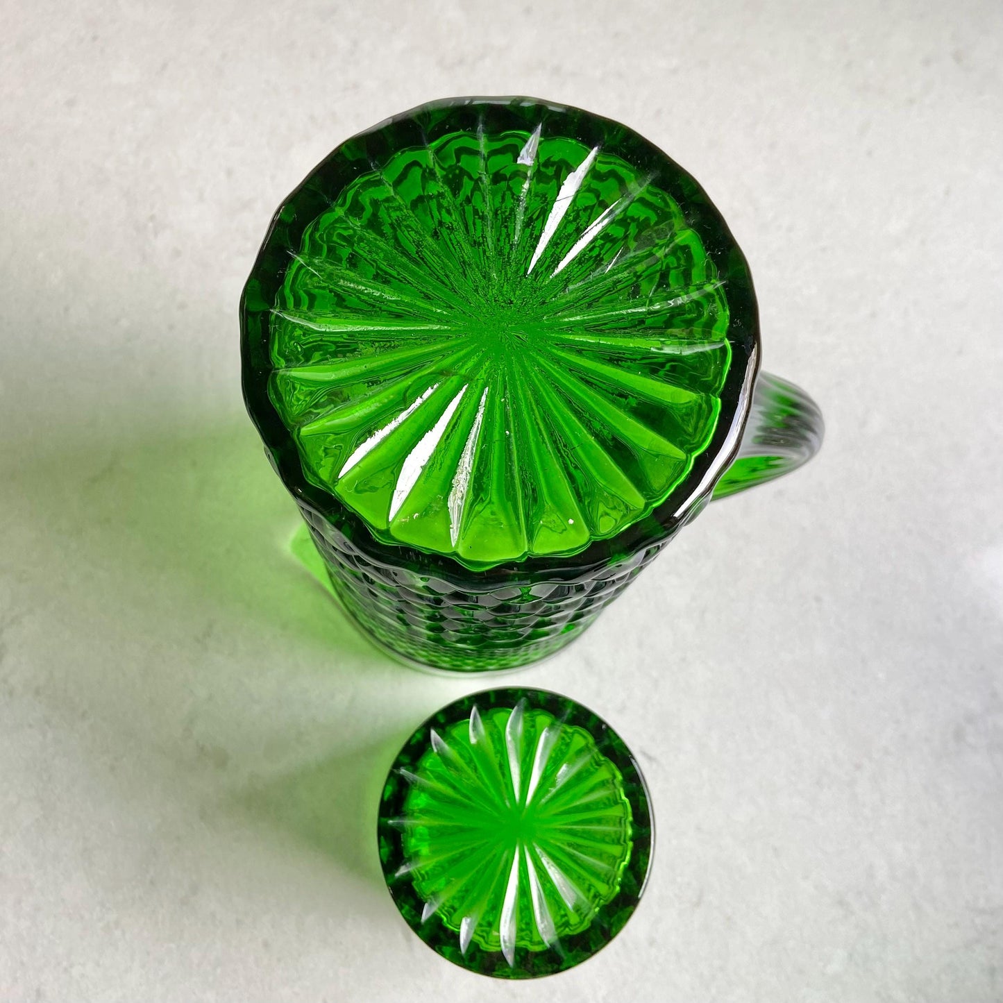 Vintage Emerald Green Diamond Point Pitcher and Ten (10) Glasses