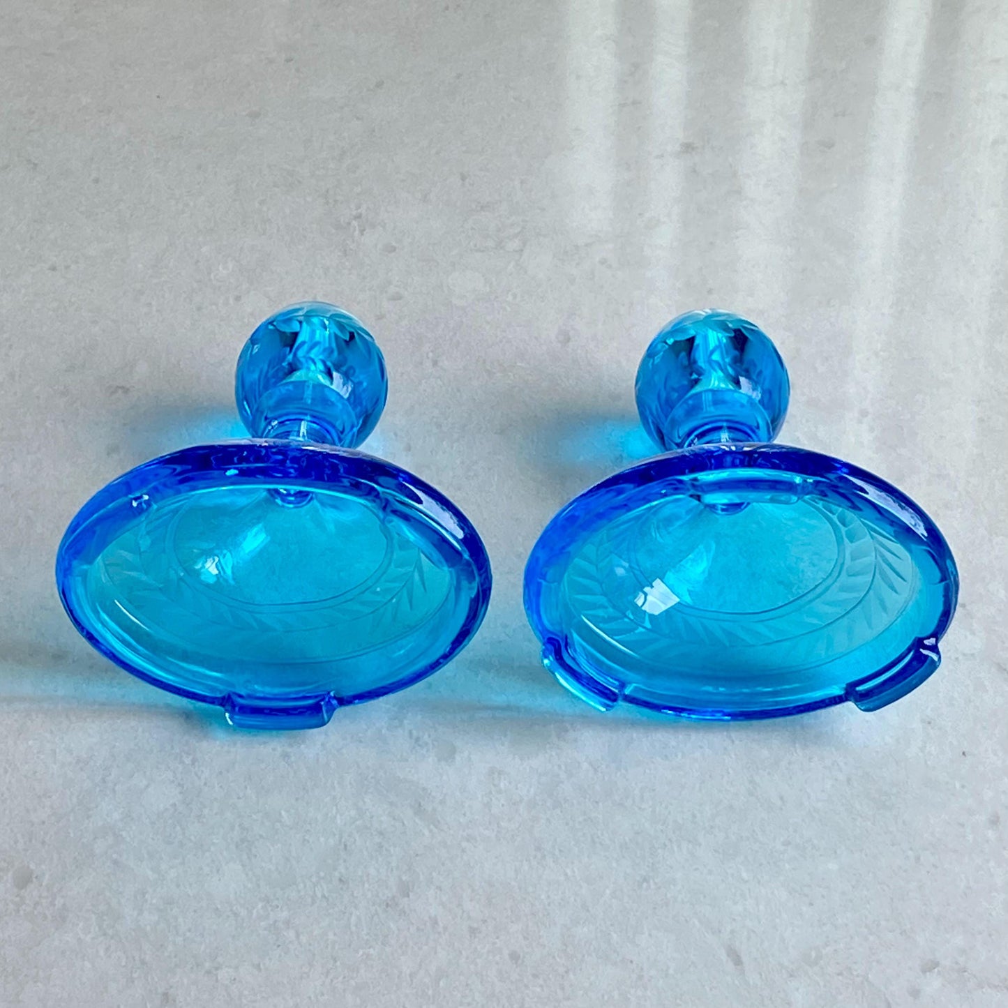 Vintage Fostoria Saint Alexis Electric Turquoise Blue Laurel Wreath Etched Candle Holders - Set of 2