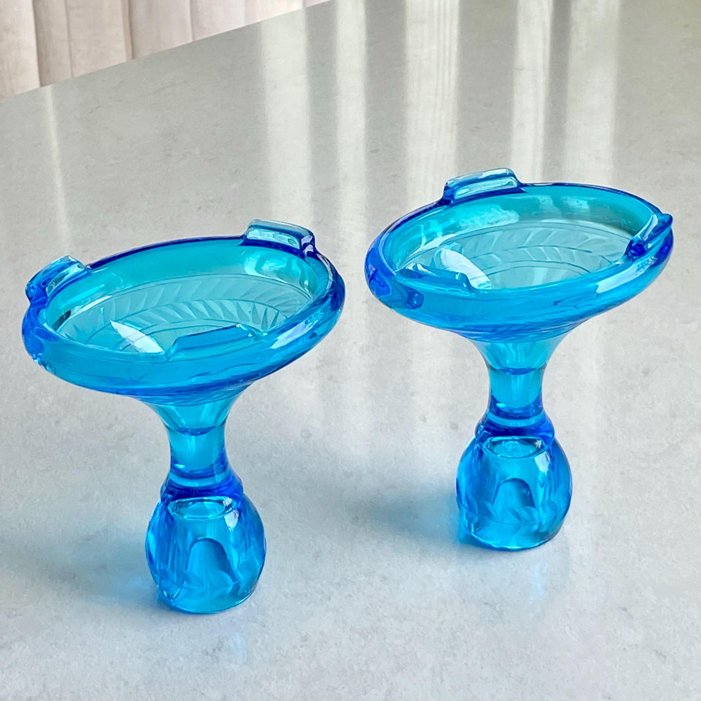 Vintage Fostoria Saint Alexis Electric Turquoise Blue Laurel Wreath Etched Candle Holders - Set of 2