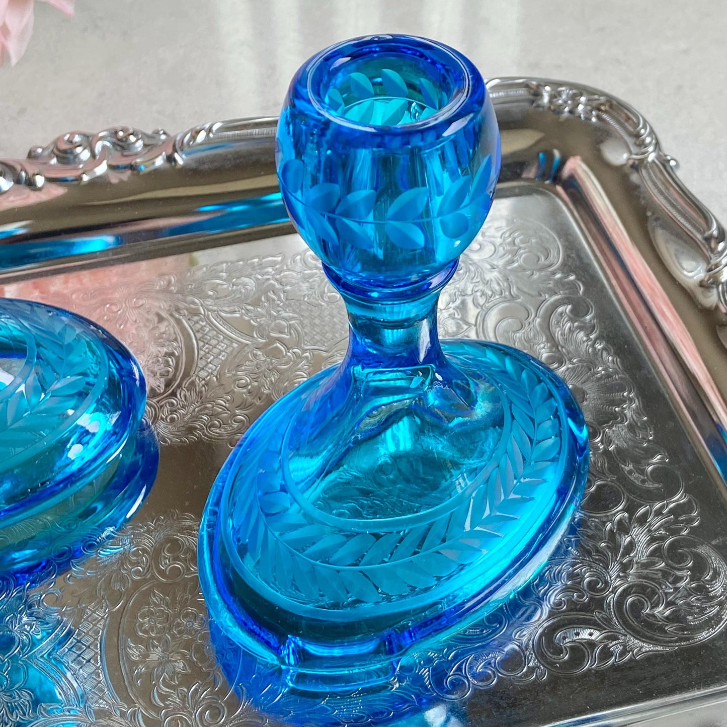 Vintage Fostoria Saint Alexis Electric Turquoise Blue Laurel Wreath Etched Candle Holders - Set of 2