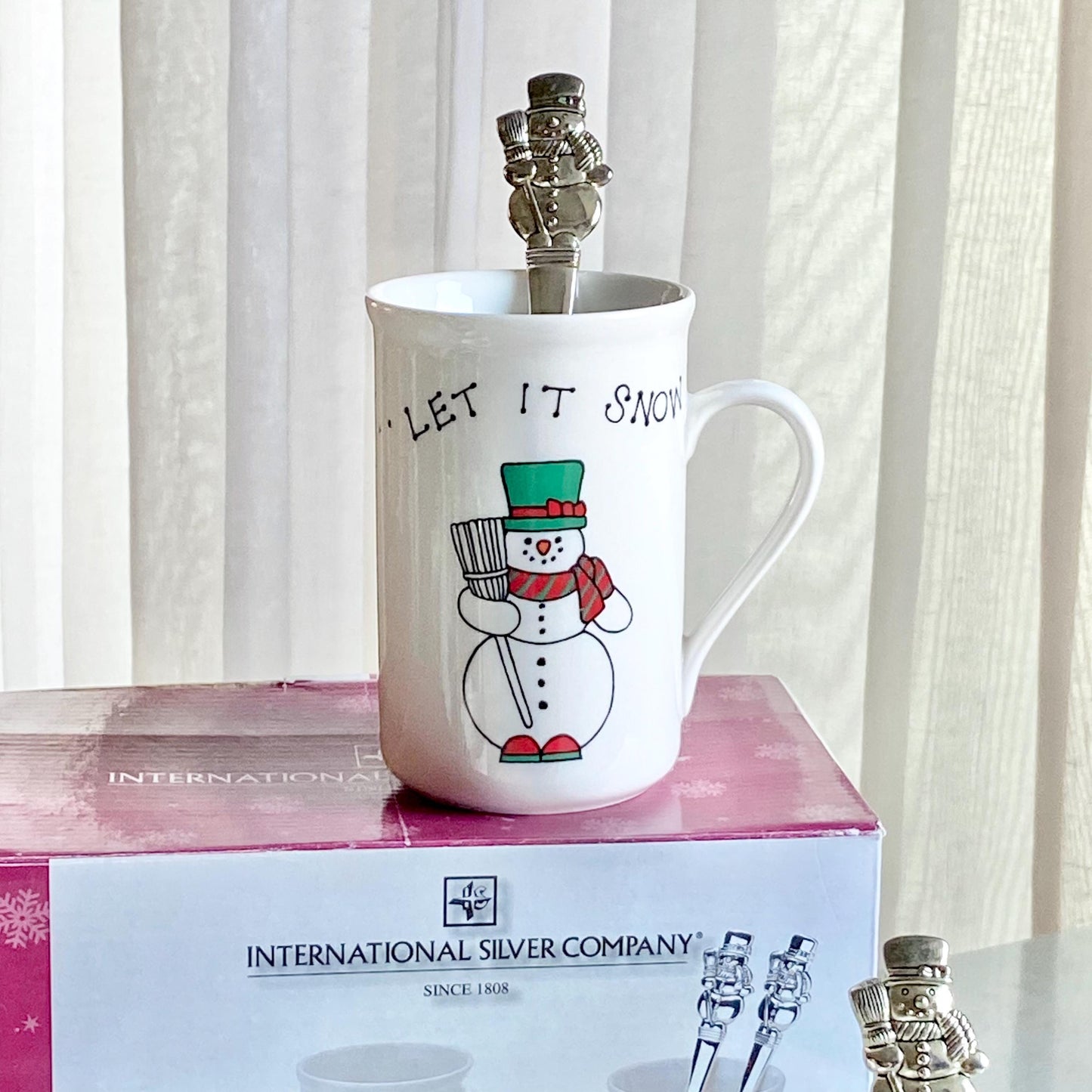 Vintage International Silver Let it Snow Snowman Mugs and Spoons - 4 sets, 8 pieces total