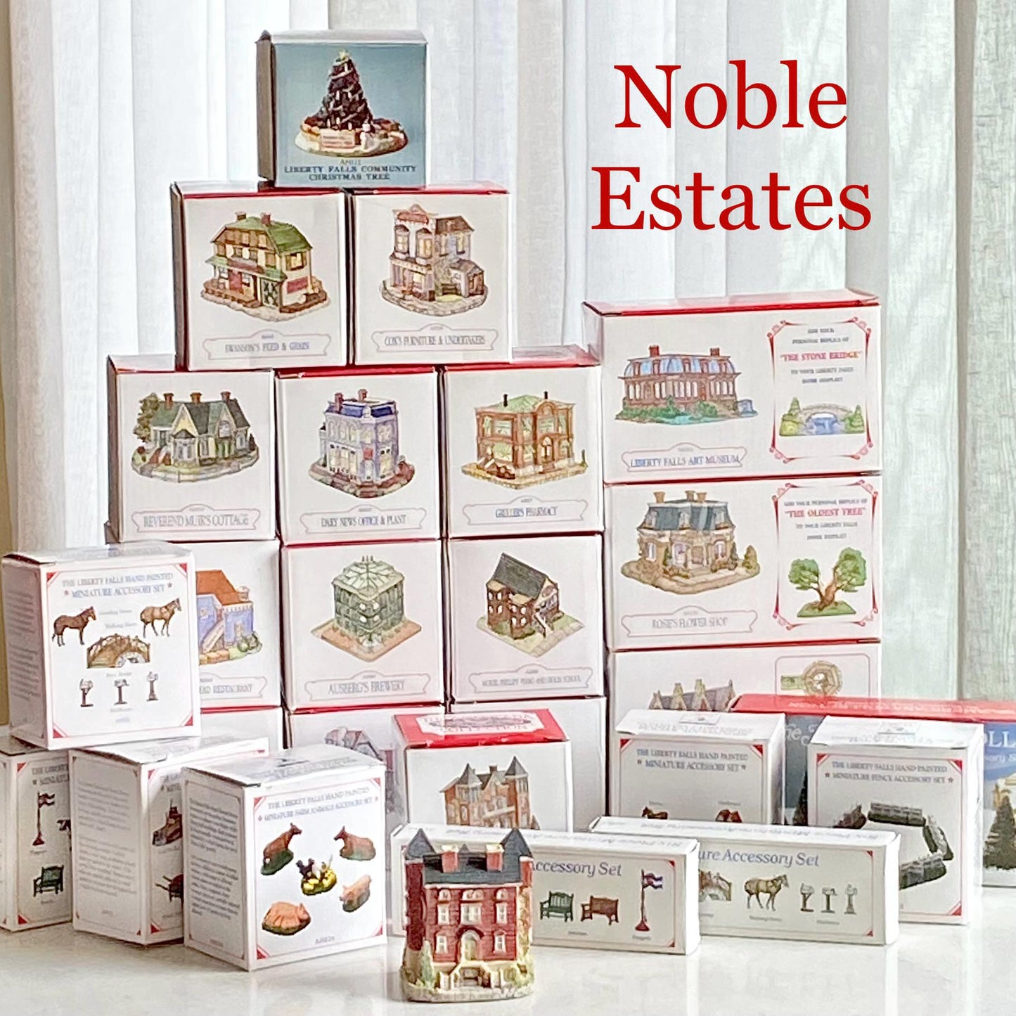 Vintage Liberty Falls Americana Collection Village - 15 Buildings, 9 Figurine Sets, Community Christmas Tree