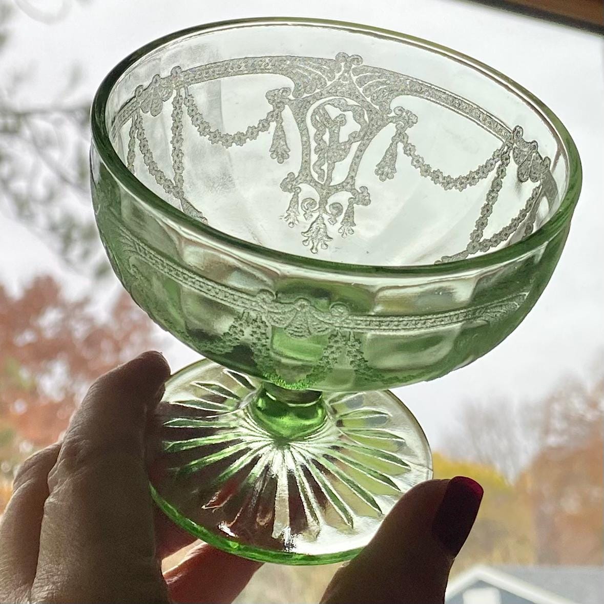 Vintage Anchor Hocking Cameo Green Uranium Glass Dancing Ballerina Sherbets / Low Coupes (circa 1930 - 1934)  - 16 Available