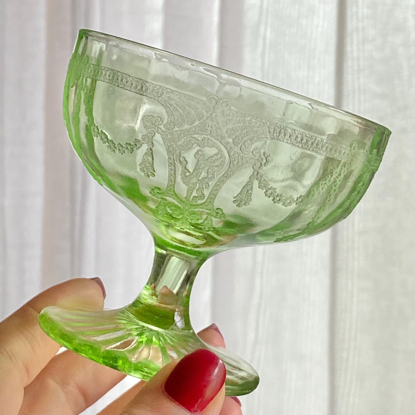 Vintage Anchor Hocking Cameo Green Uranium Glass Dancing Ballerina Sherbets / Low Coupes (circa 1930 - 1934)  - 16 Available