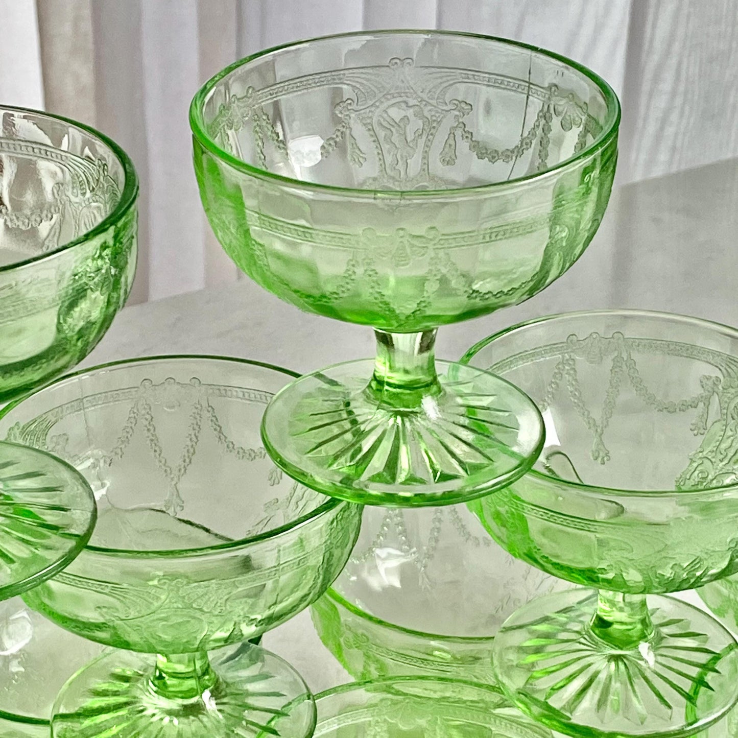 Vintage Anchor Hocking Cameo Green Uranium Glass Dancing Ballerina Sherbets / Low Coupes (circa 1930 - 1934)  - 16 Available