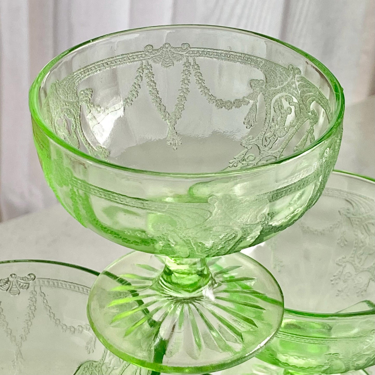 Vintage Anchor Hocking Cameo Green Uranium Glass Dancing Ballerina Sherbets / Low Coupes (circa 1930 - 1934)  - 16 Available