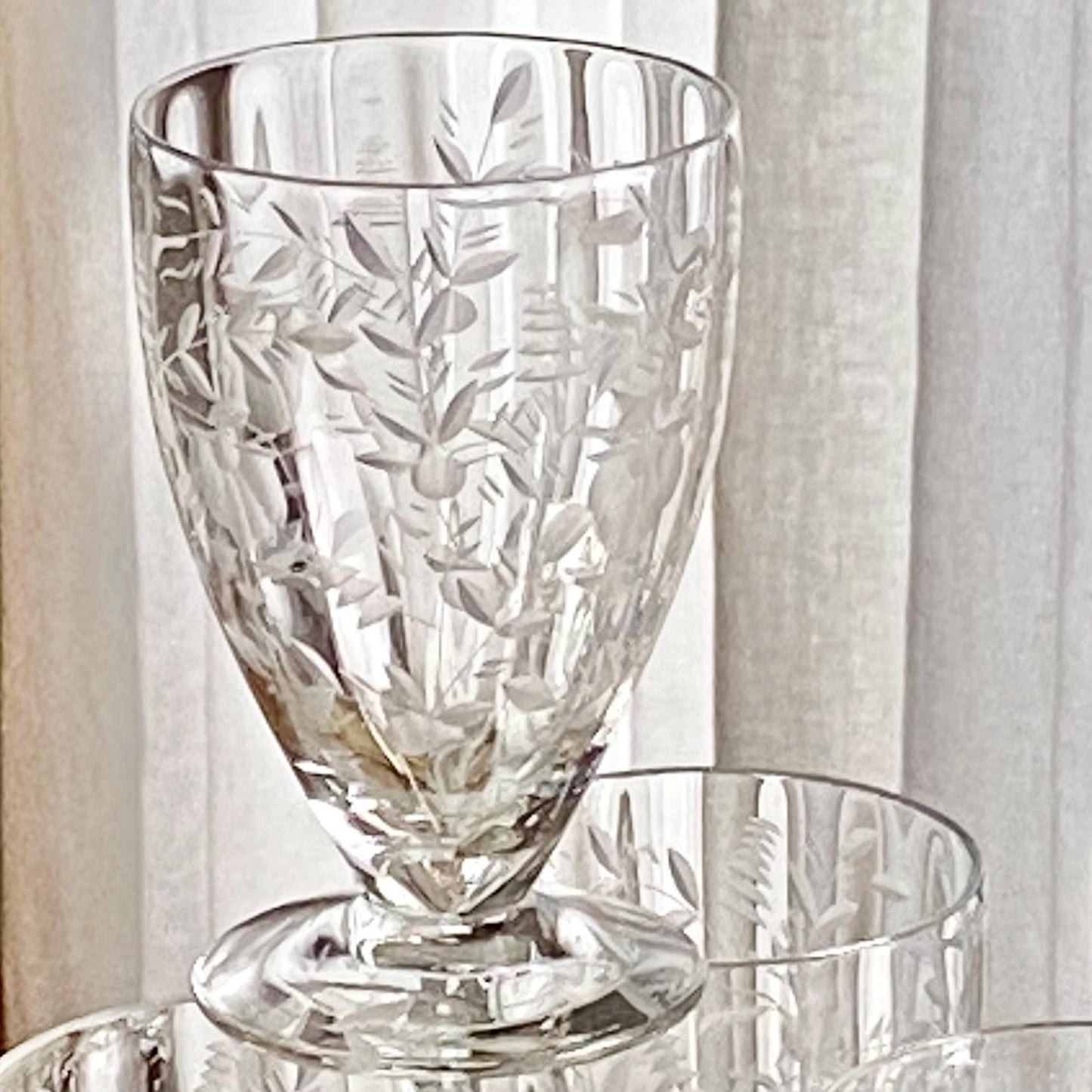 Vintage Etched Footed Glasses - Set of 9