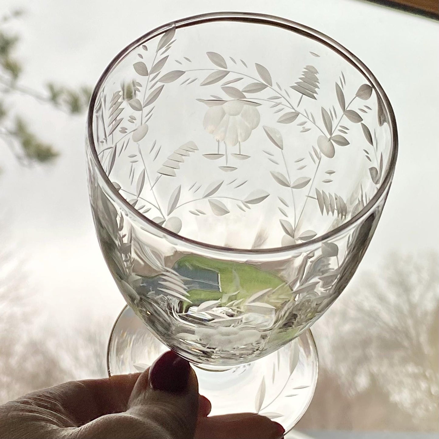 Vintage Etched Footed Glasses - Set of 9