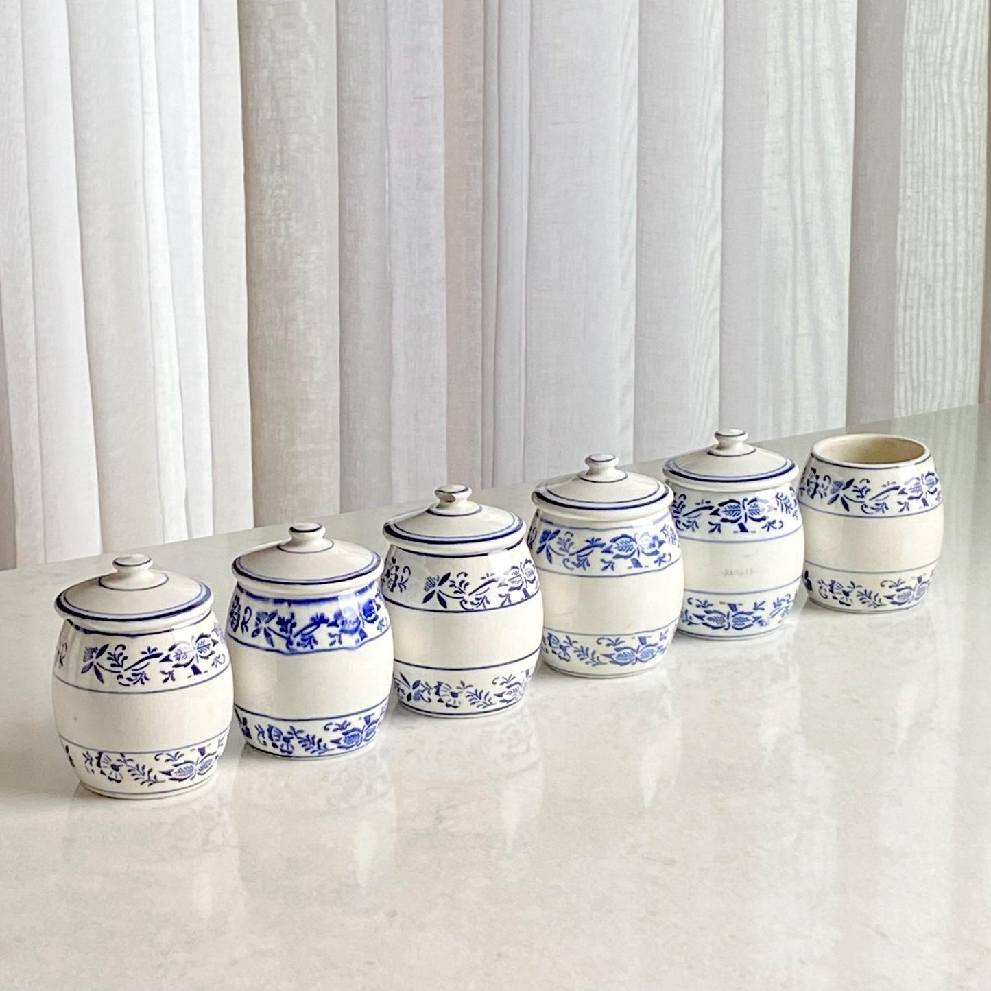 Vintage Blue Onion German Crockery Canisters - Six Crocks and Five Lids (eleven pieces total)