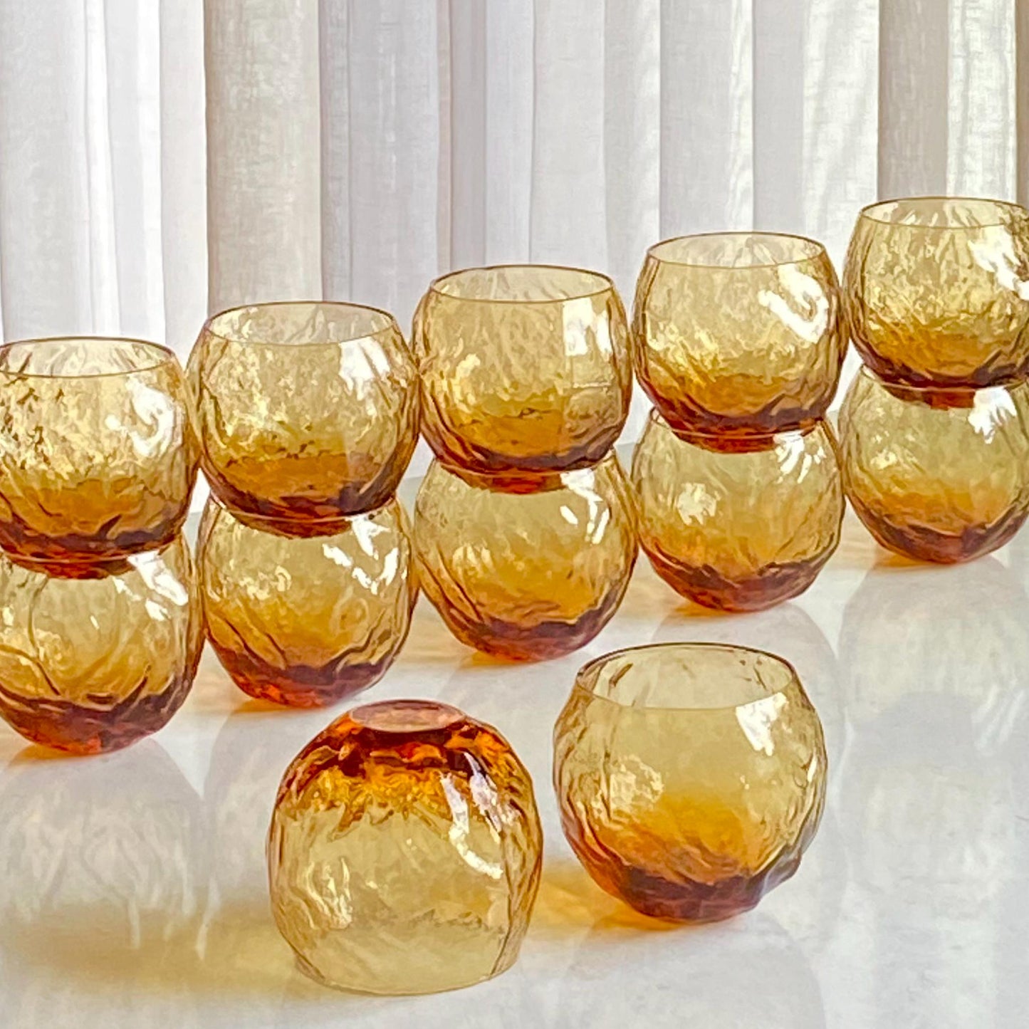 Vintage Seneca Driftwood Amber Crinkle Roly Poly 12 Ounce Glasses - Set of 12