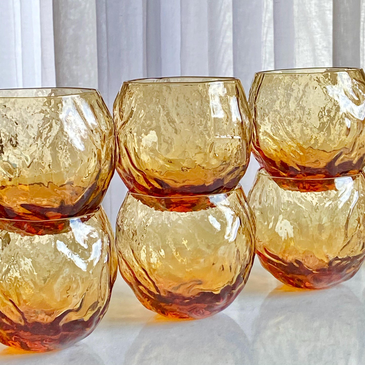 Vintage Seneca Driftwood Amber Crinkle Roly Poly 12 Ounce Glasses - Set of 12