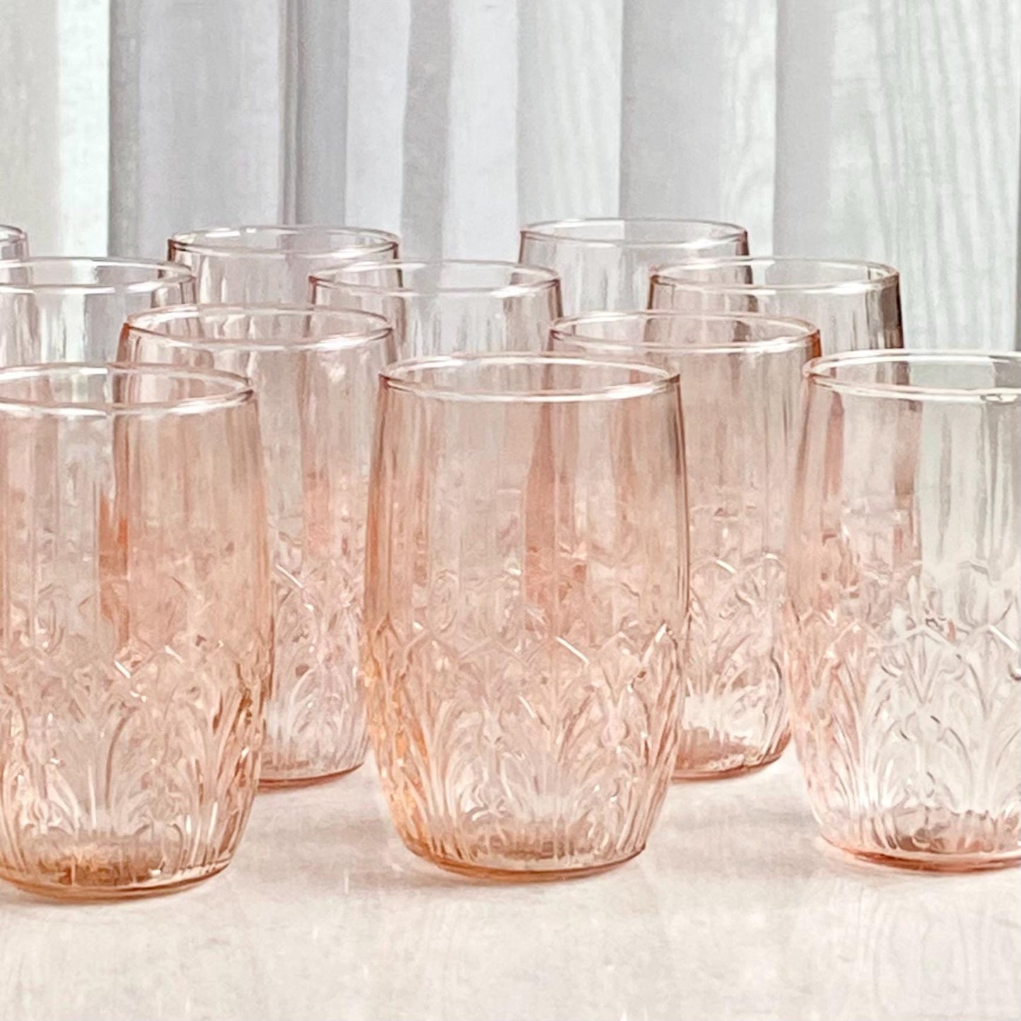 Vintage MacBeth Evans Crystal Leaf Pink Tumbler Glasses (circa 1928) - Set of 13