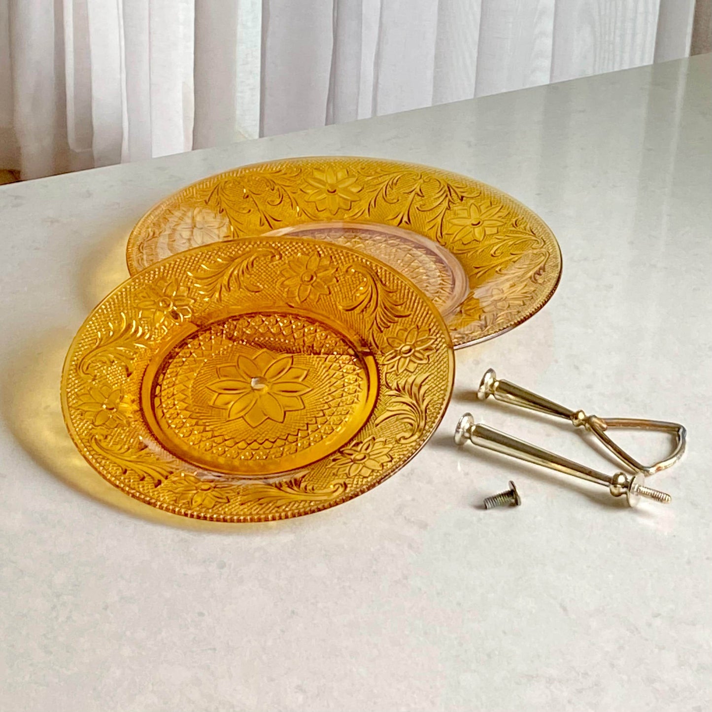 Vintage Tiara Amber Chantilly Sandwich Glass Two Tier Tidbit Tray (circa 1971 - 1989)