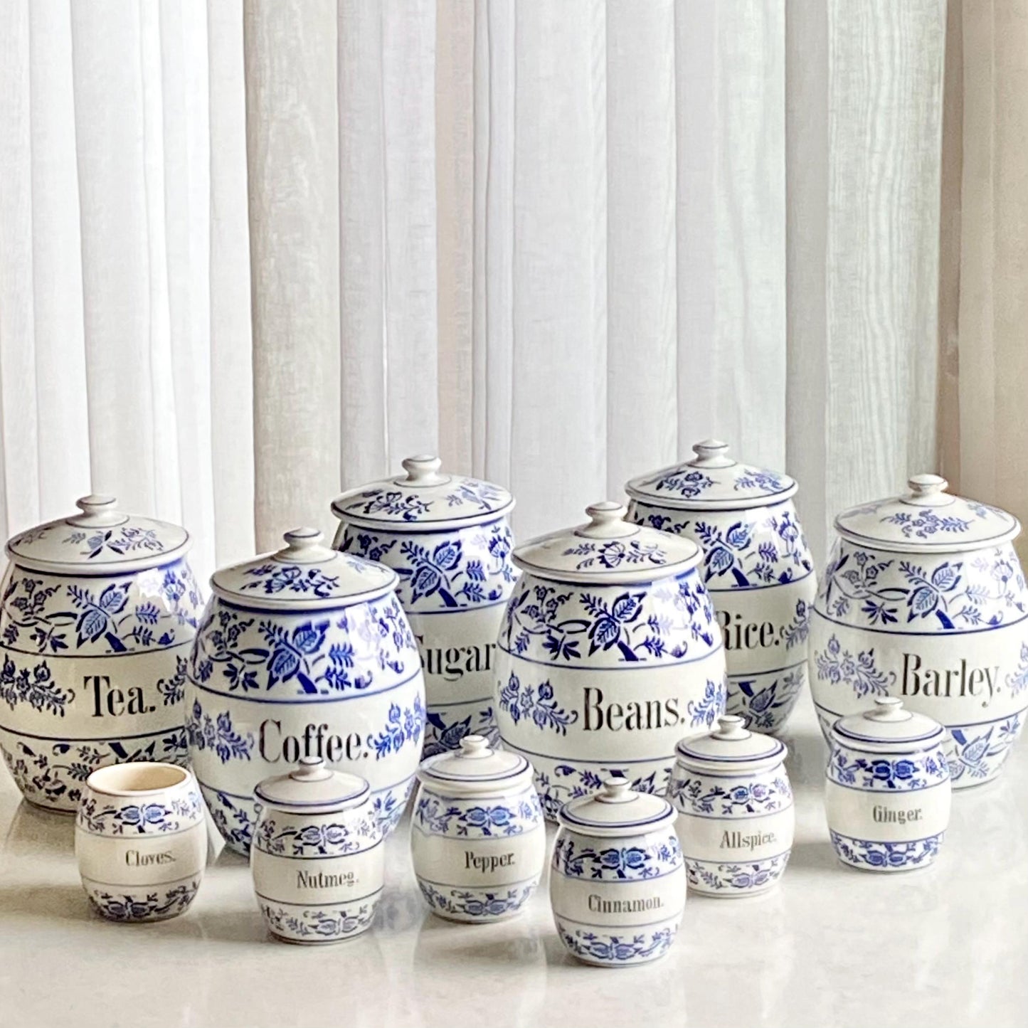 Vintage Blue Onion German Crockery Canisters - Six Crocks and Five Lids (eleven pieces total)