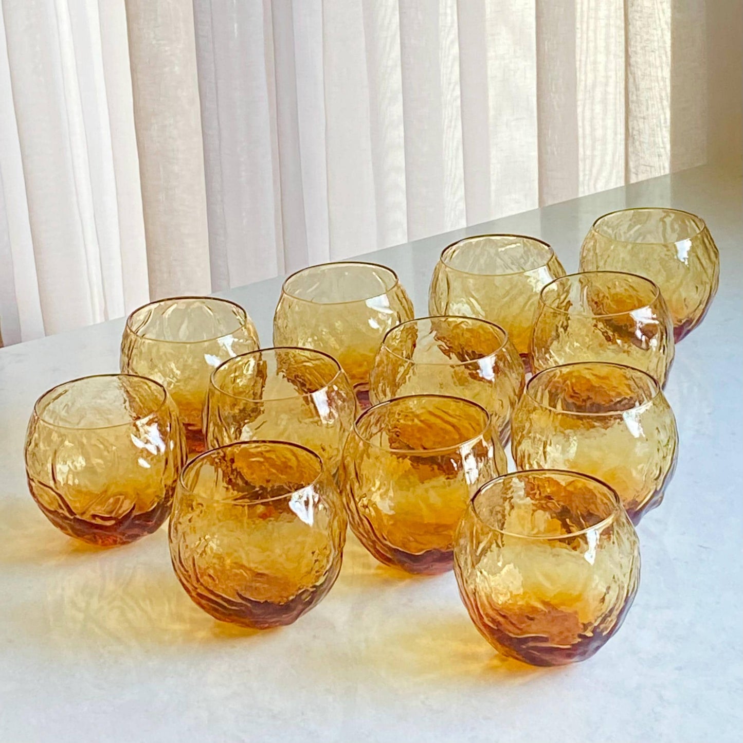 Vintage Seneca Driftwood Amber Crinkle Roly Poly 12 Ounce Glasses - Set of 12