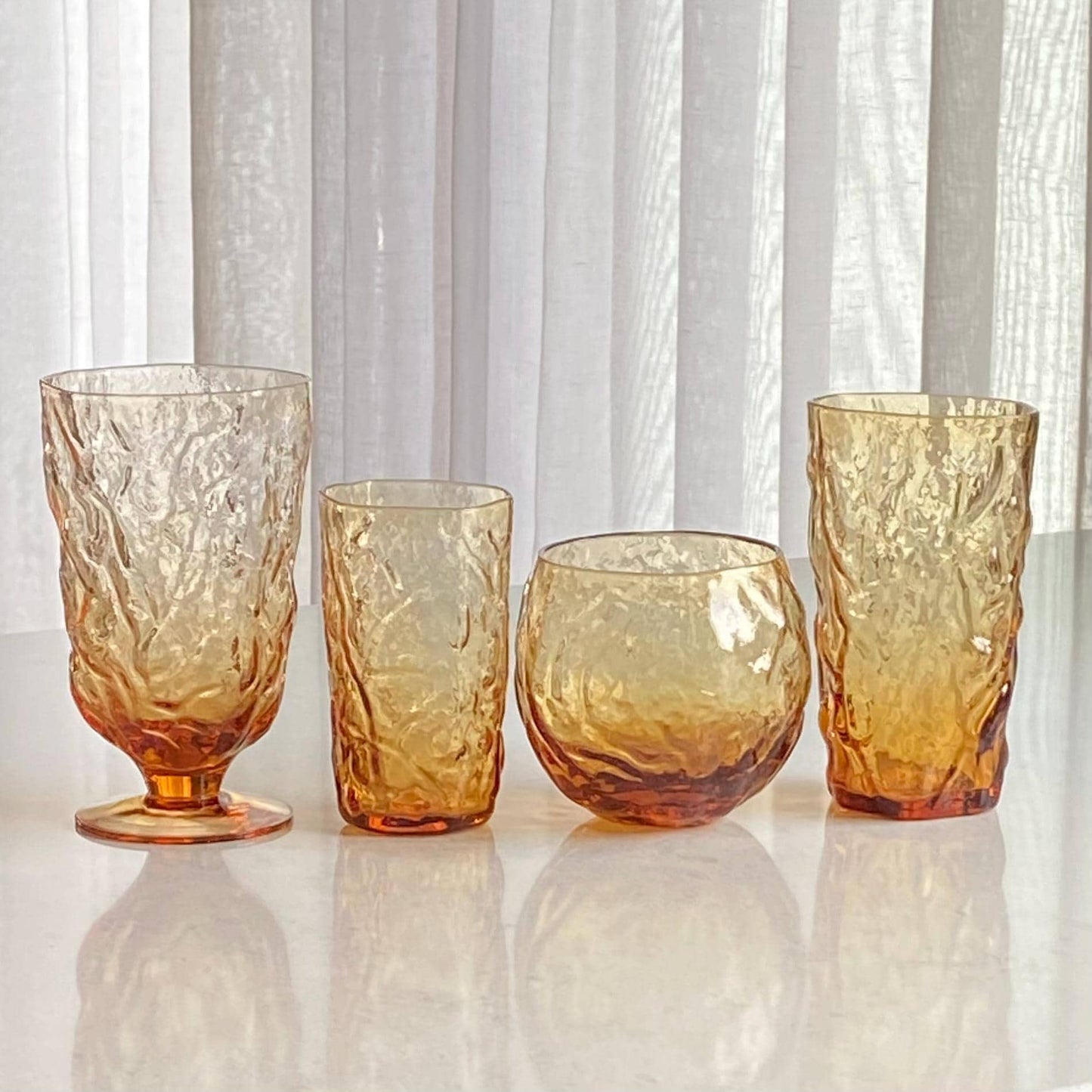 Vintage Seneca Driftwood Amber Crinkle Roly Poly 12 Ounce Glasses - Set of 12