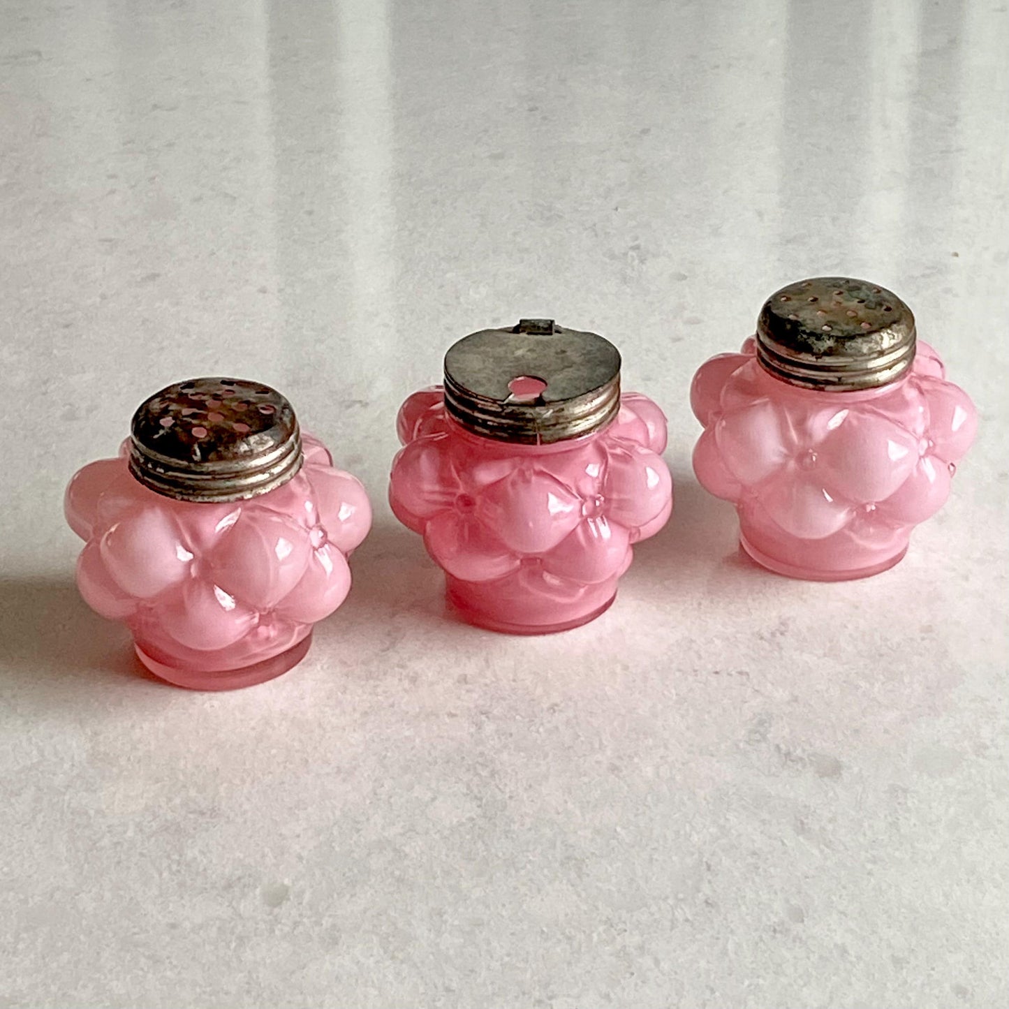 Vintage Consolidated Glass Quilted Bubble Pink Condiment Set (circa late 1800s)