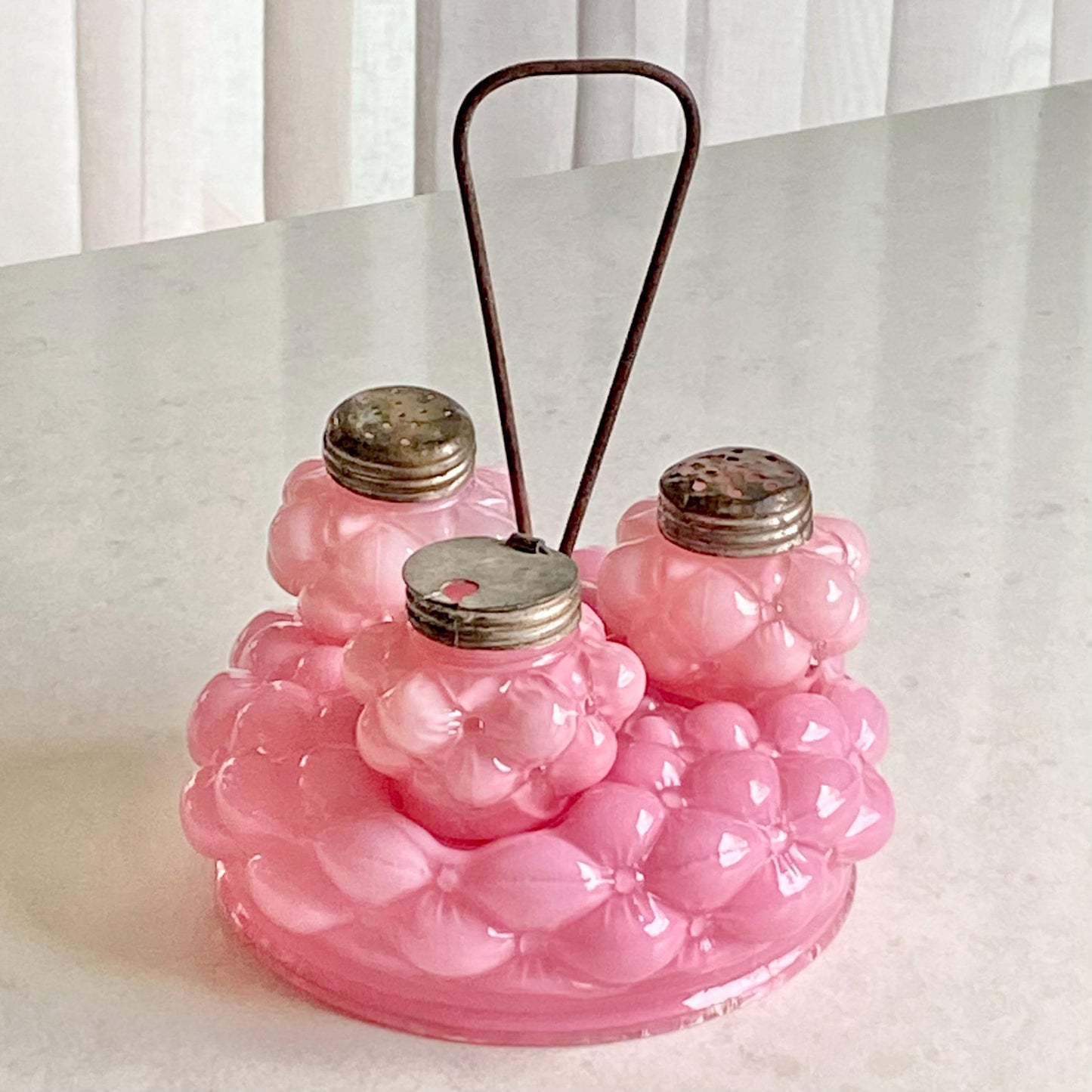 Vintage Consolidated Glass Quilted Bubble Pink Condiment Set (circa late 1800s)