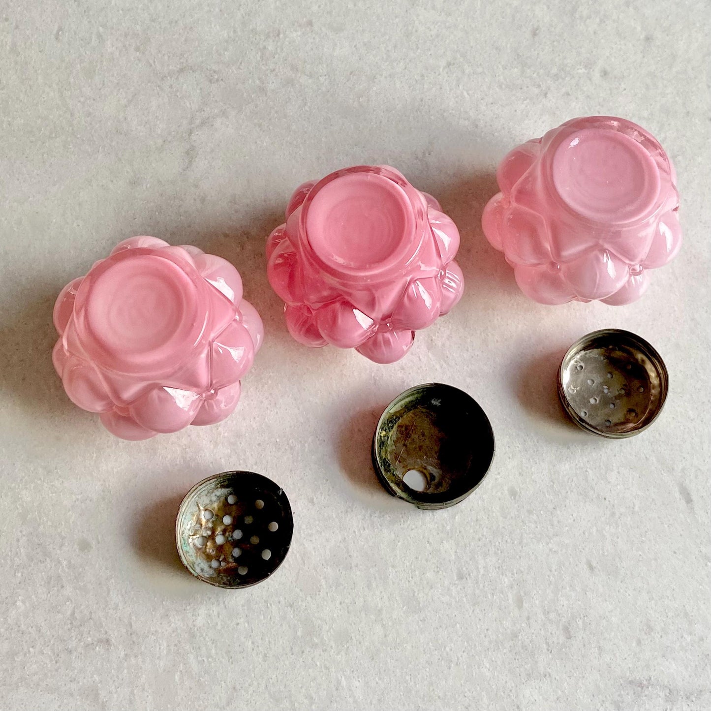 Vintage Consolidated Glass Quilted Bubble Pink Condiment Set (circa late 1800s)