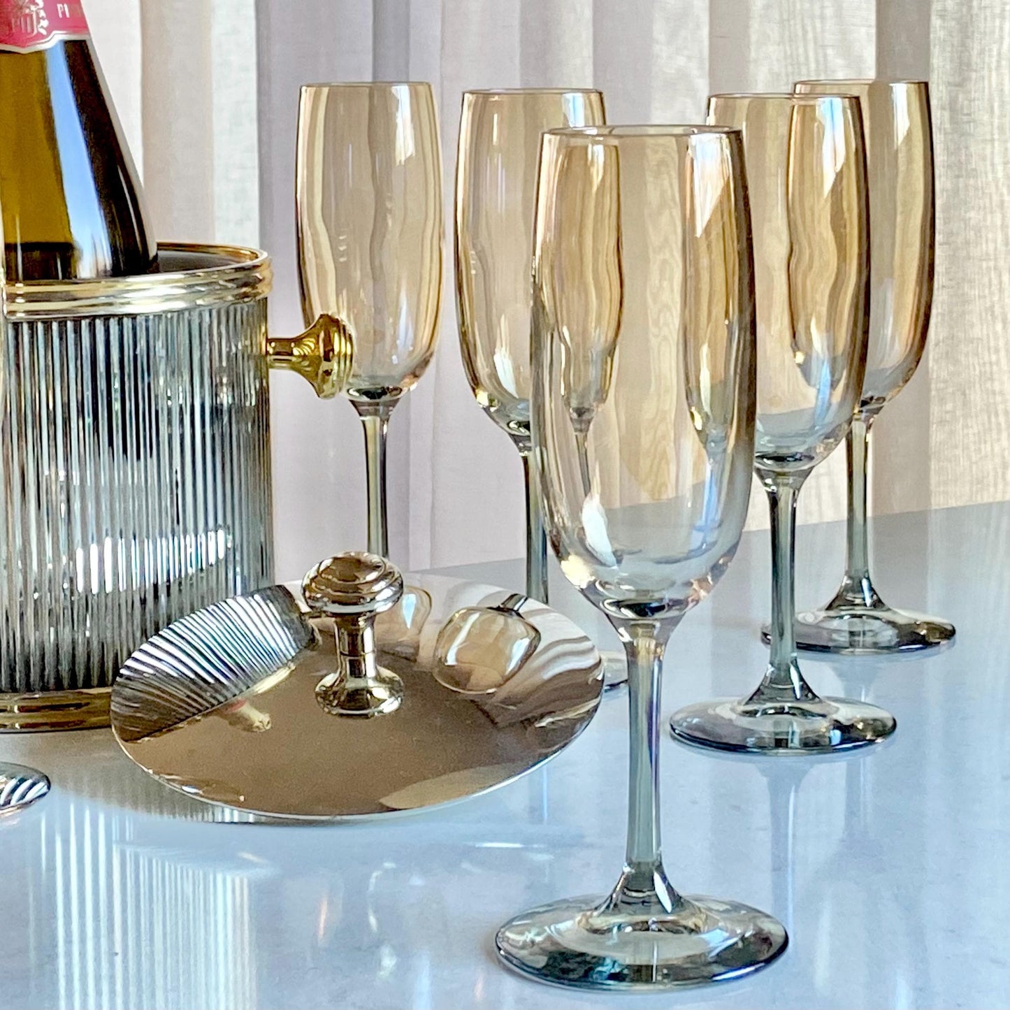 Vintage Set of 8 Champagne Flutes and Ice Bucket in Gold and Silver tones