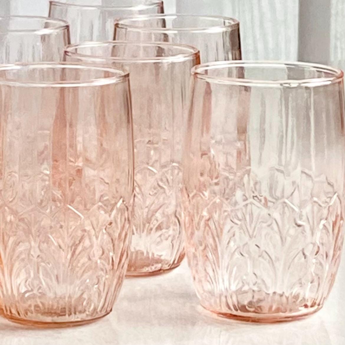 Vintage MacBeth Evans Crystal Leaf Pink Tumbler Glasses (circa 1928) - Set of 13