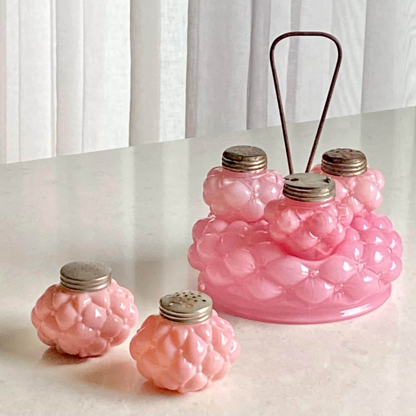 Vintage Consolidated Glass Quilted Bubble Pink Condiment Set (circa late 1800s)