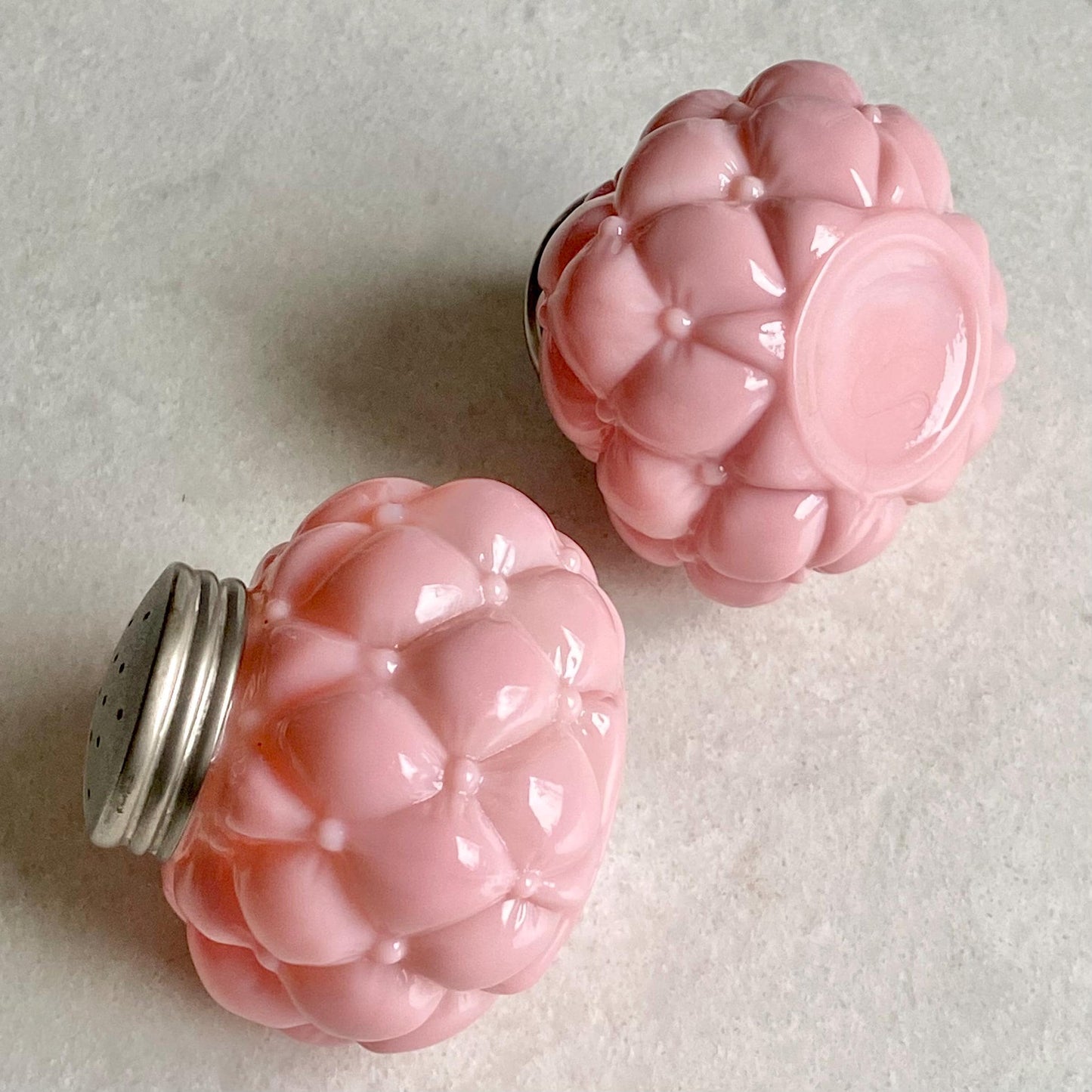 Vintage Consolidated Glass Quilted Bubble Pink Salt and Pepper Shaker Set (circa late 1800s)