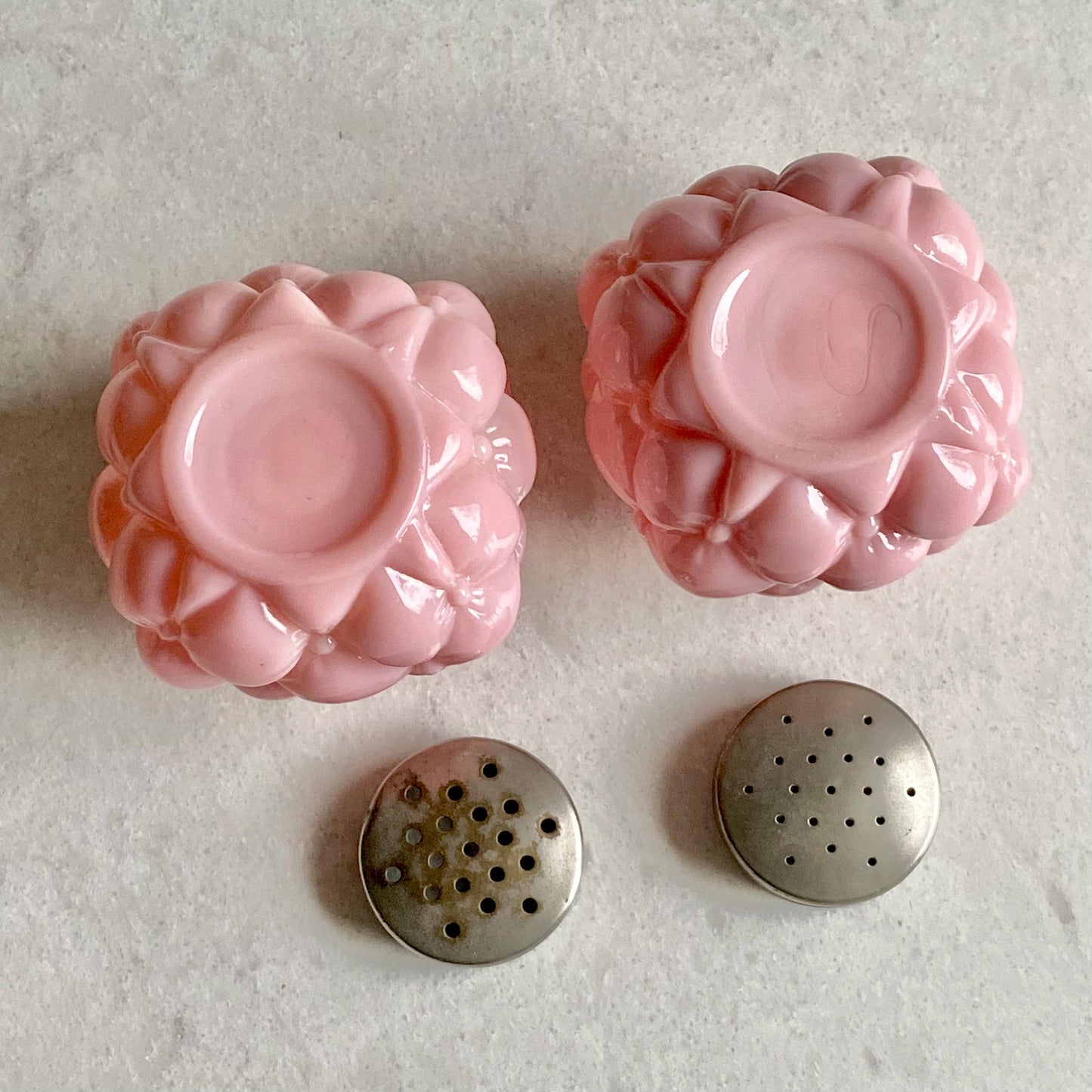 Vintage Consolidated Glass Quilted Bubble Pink Salt and Pepper Shaker Set (circa late 1800s)