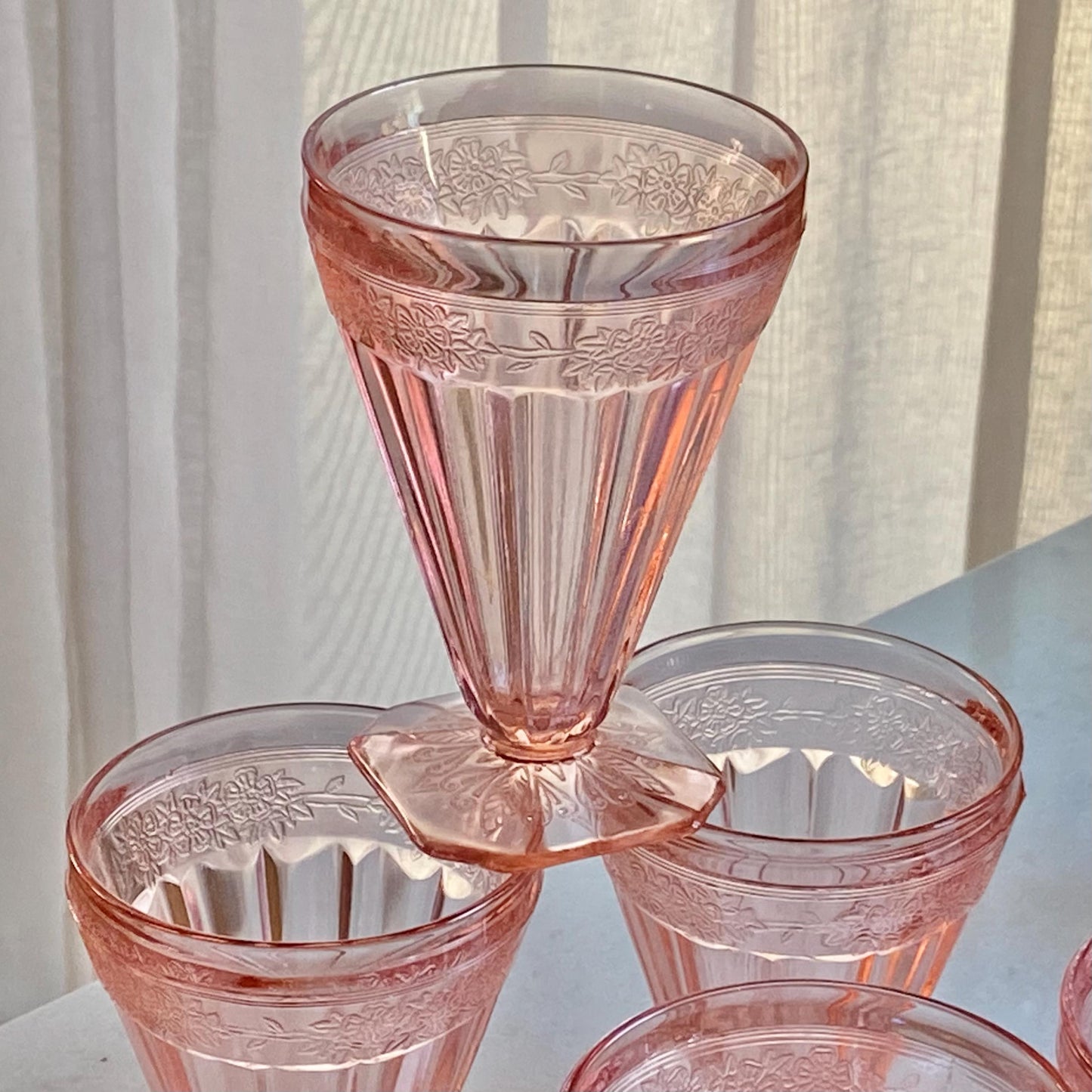 Jeannette Glass Adam Pink Pitcher and Seven (7) Glasses (circa 1932 - 1934)