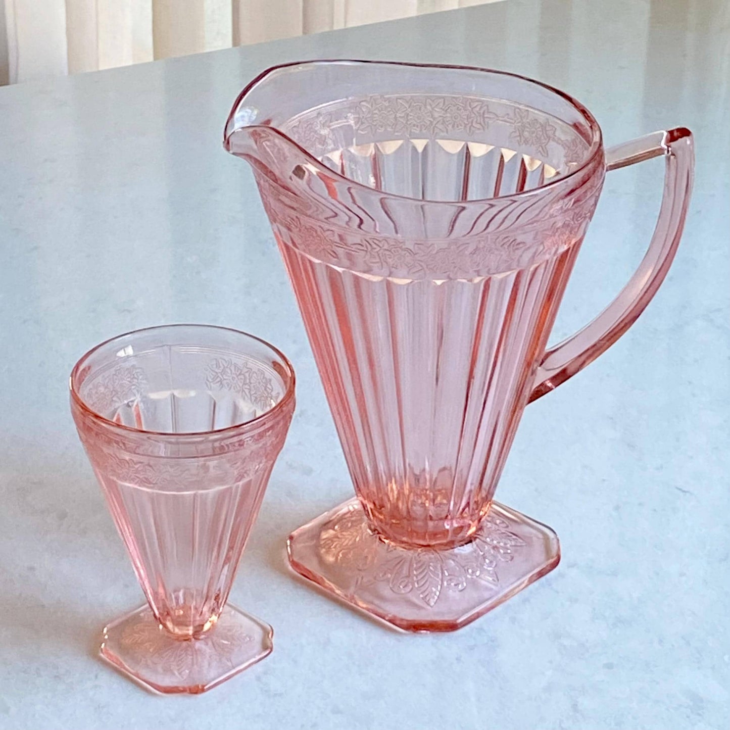 Jeannette Glass Adam Pink Pitcher and Seven (7) Glasses (circa 1932 - 1934)