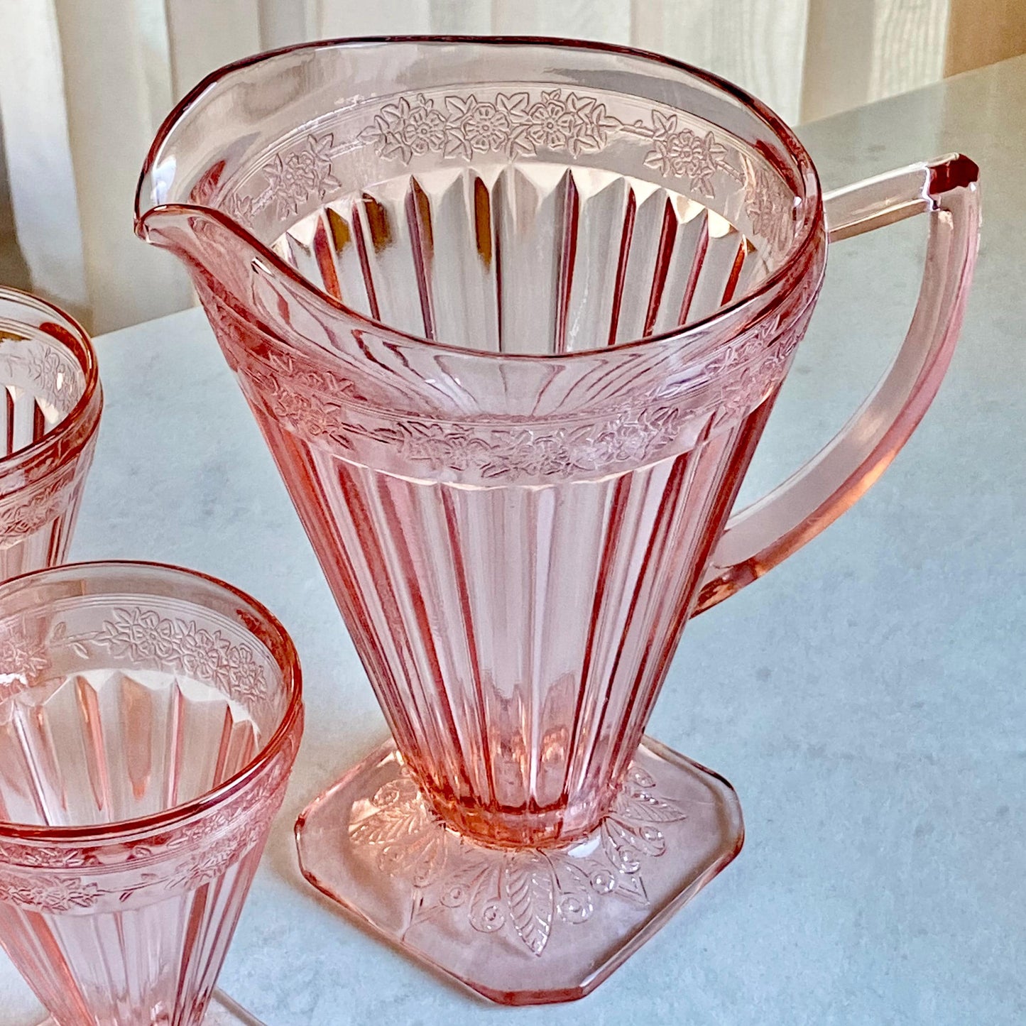 Jeannette Glass Adam Pink Pitcher and Seven (7) Glasses (circa 1932 - 1934)