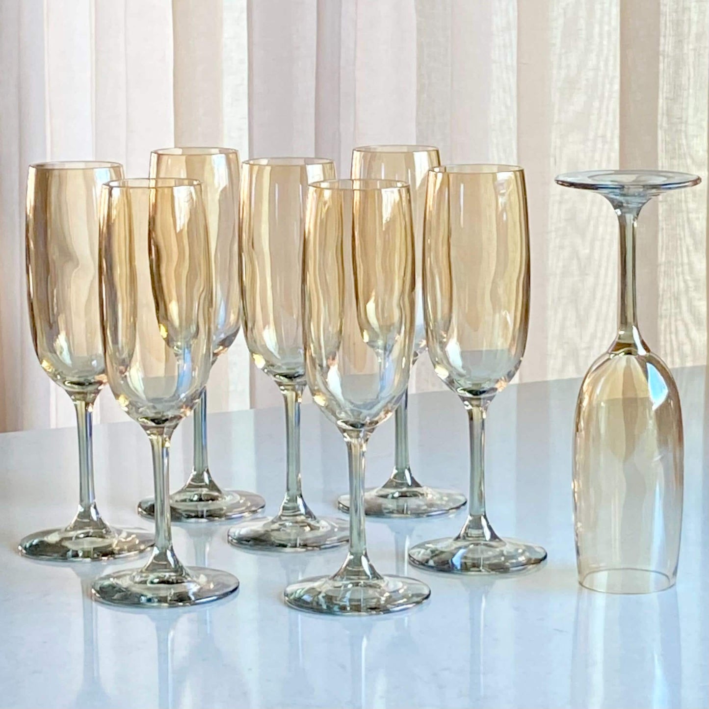 Vintage Set of 8 Champagne Flutes and Ice Bucket in Gold and Silver tones