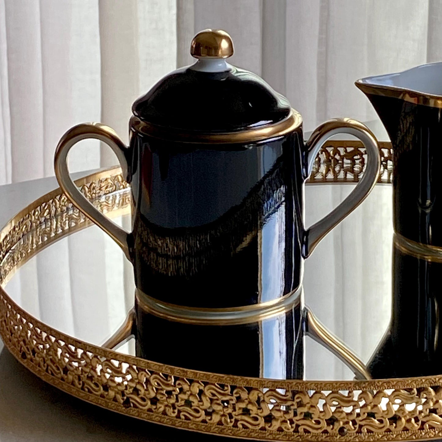 Vintage Fitz & Floyd Renaissance Black on White Sugar and Creamer Set (circa 1984 - 1996)