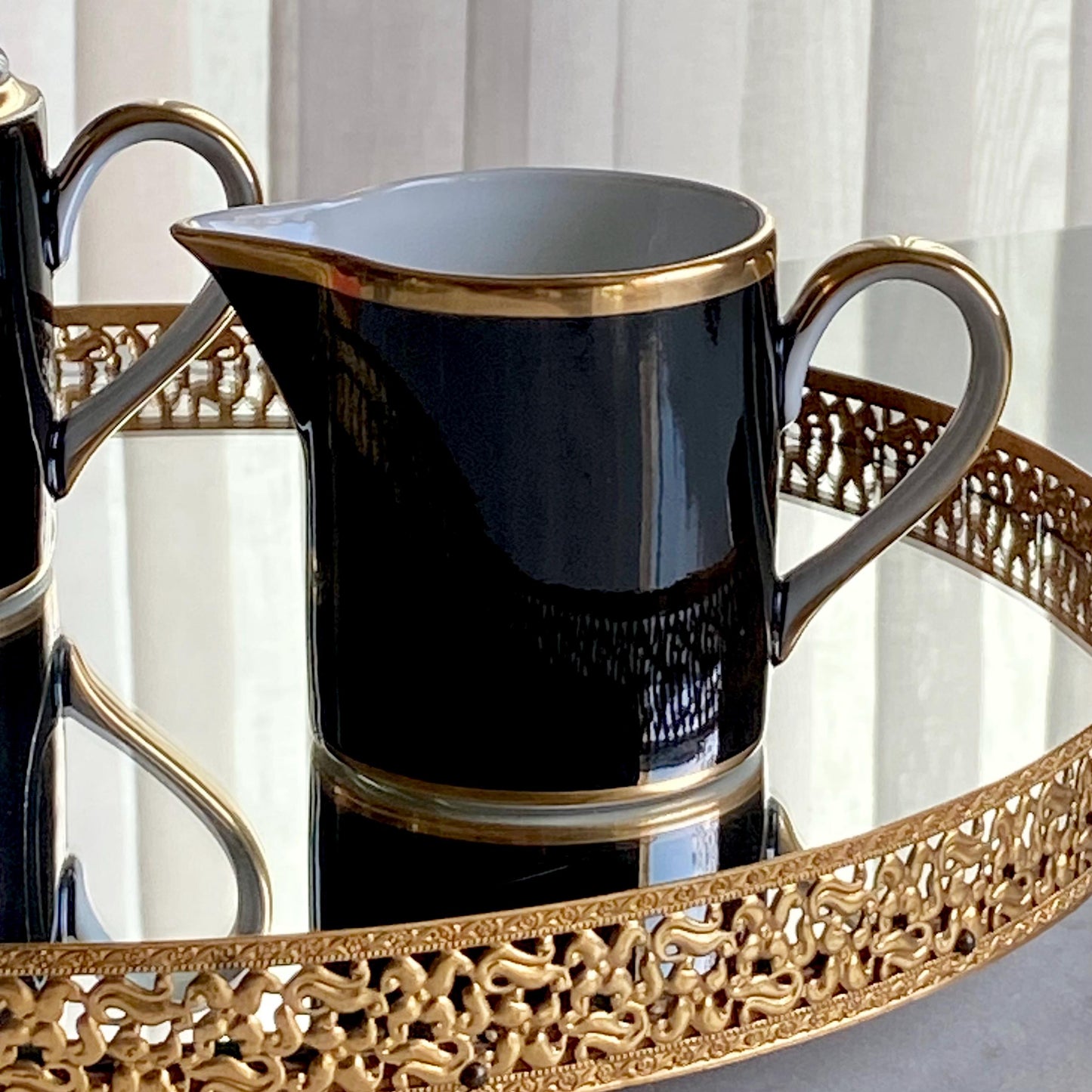 Vintage Fitz & Floyd Renaissance Black on White Sugar and Creamer Set (circa 1984 - 1996)