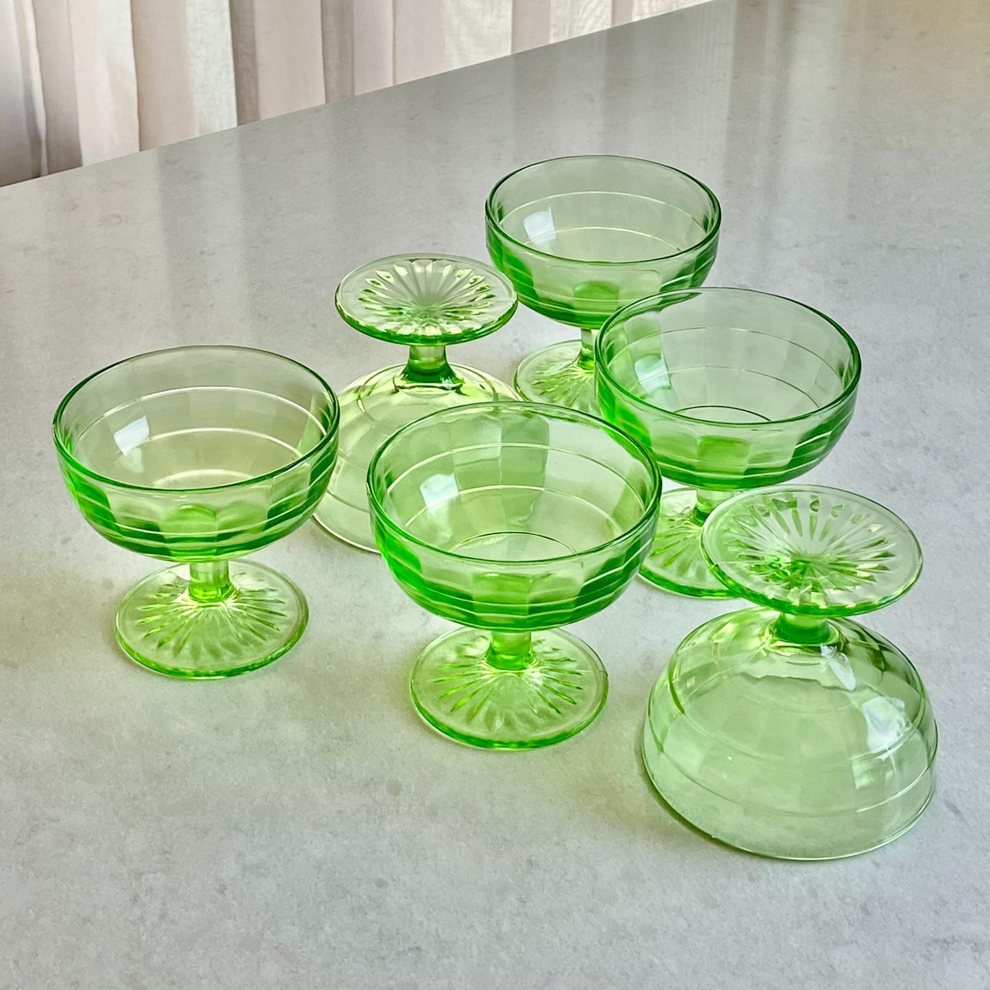 Vintage Anchor Hocking Block Optic Green Uranium Glass Coupes / Sherbets (circa 1929 - 1933) - Set of 6