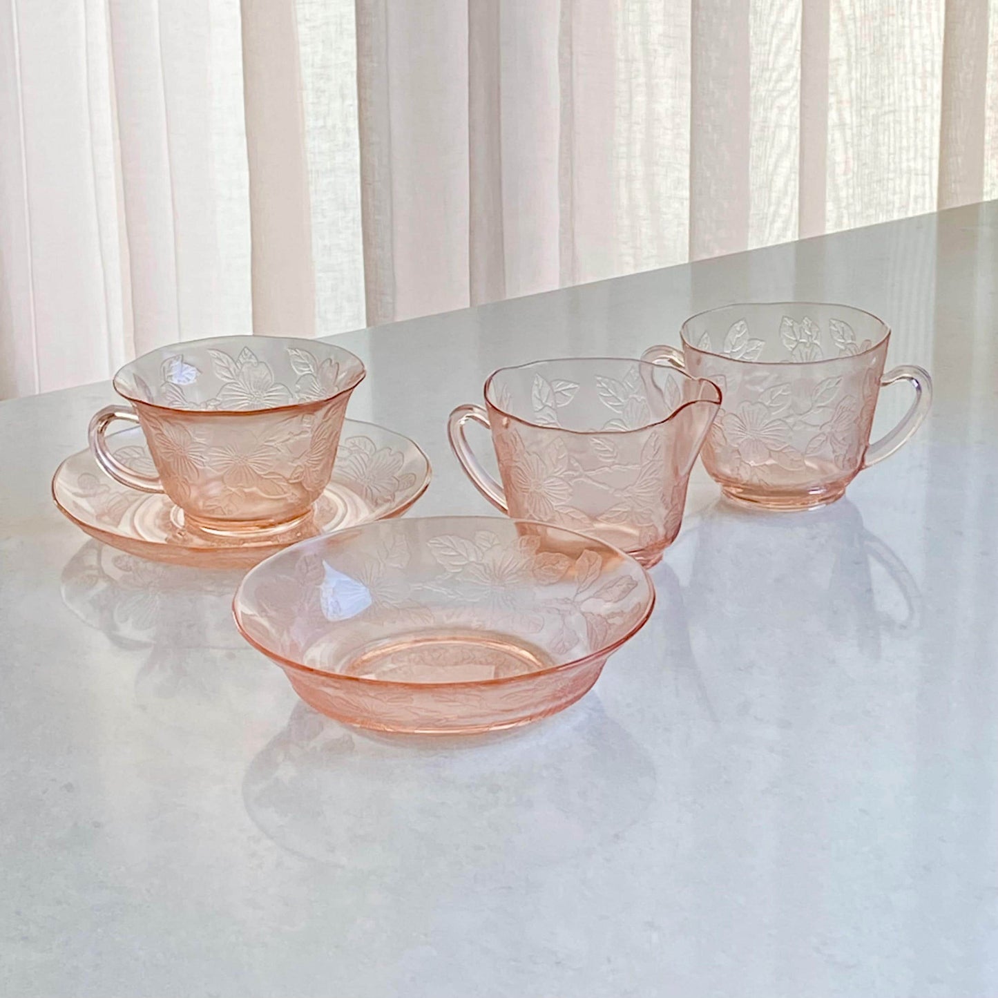 Vintage MacBeth Evans Dogwood Pink Cups and Saucers (circa 1930 - 1934) - 5 Sets, 10 pieces total