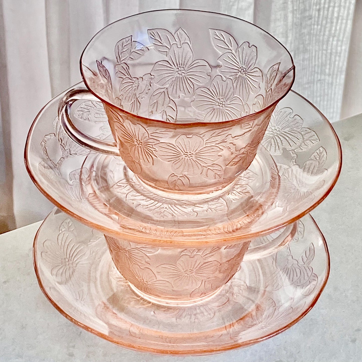 Vintage MacBeth Evans Dogwood Pink Cups and Saucers (circa 1930 - 1934) - 5 Sets, 10 pieces total