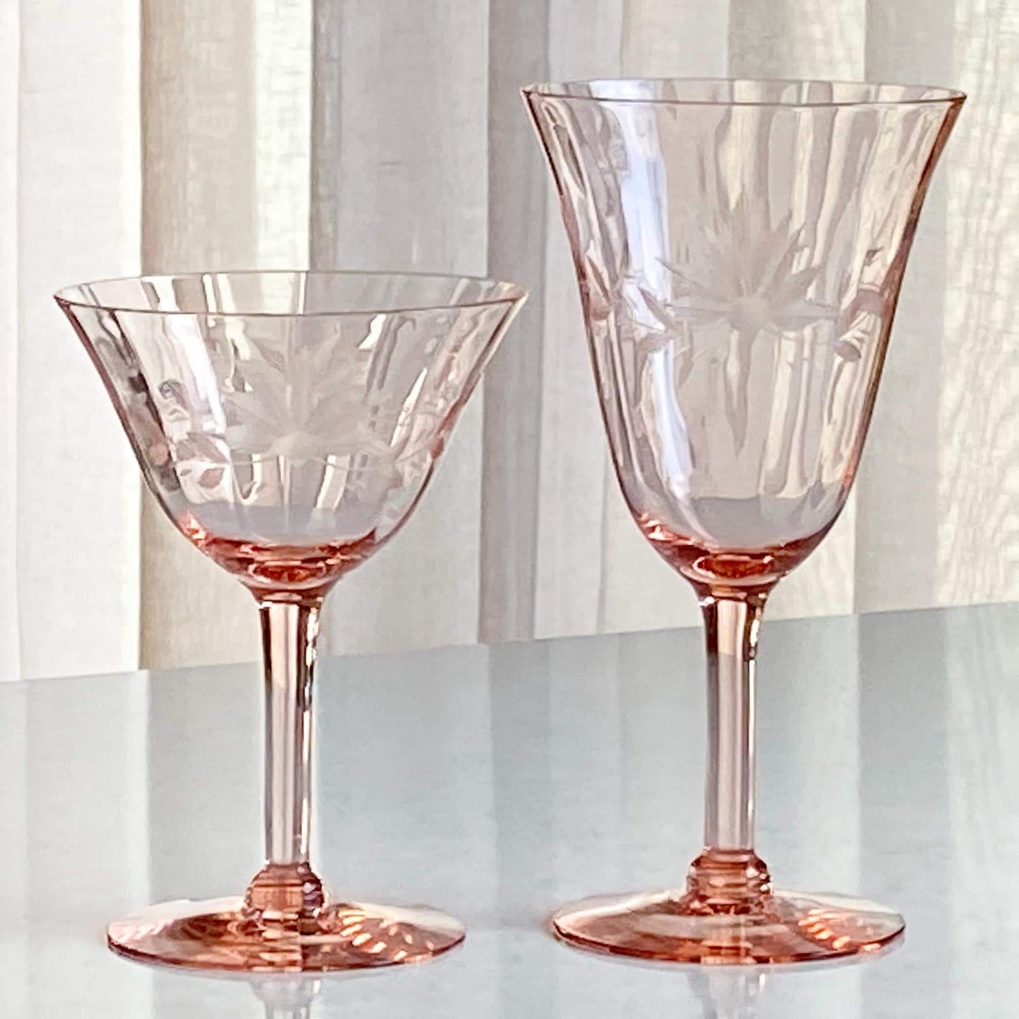 Vintage Pink Etched Optic Panel Glasses - Set of 7