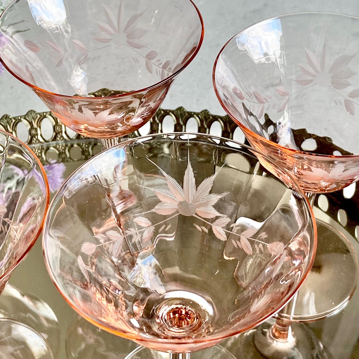 Vintage Pink Etched Optic Panel Glasses - Set of 6