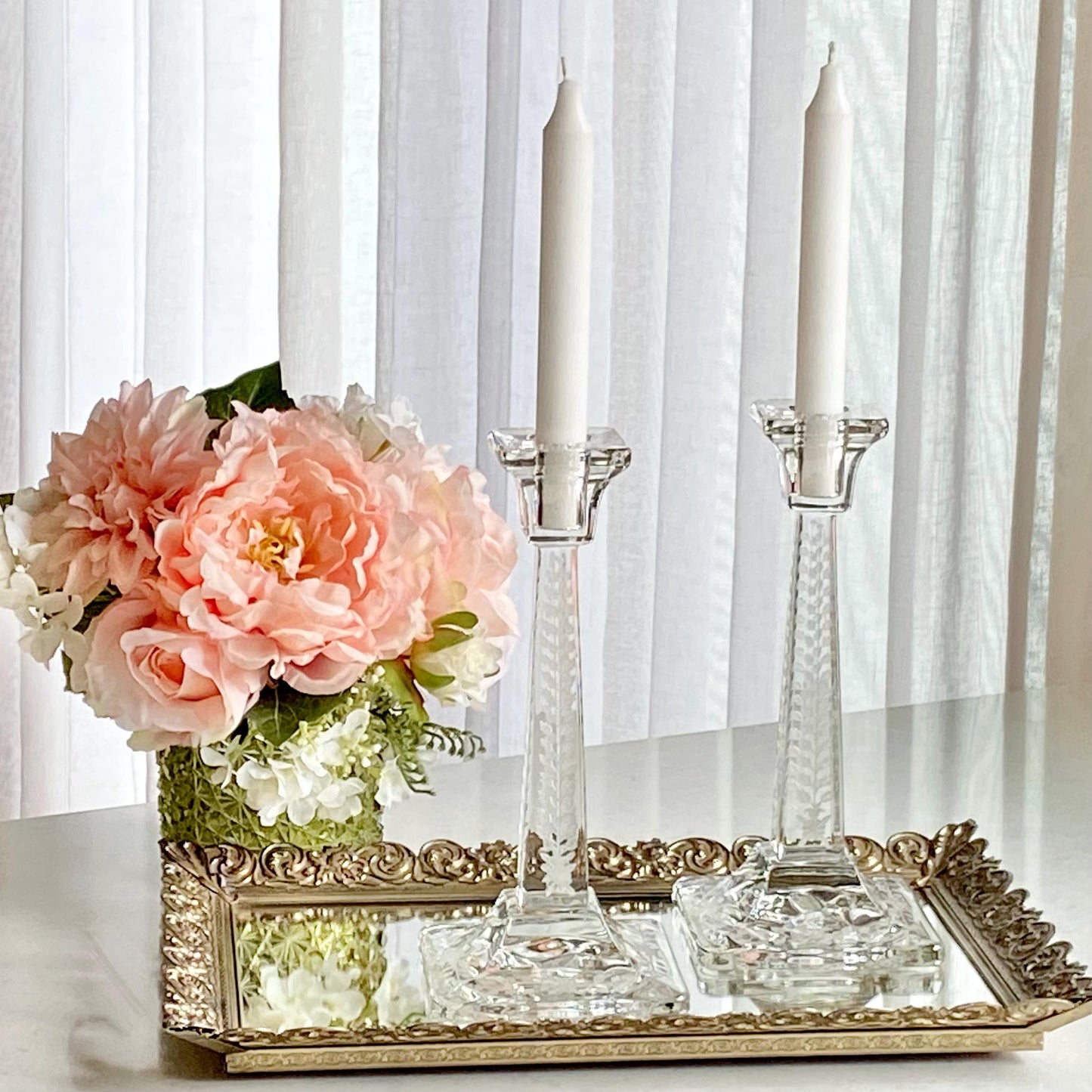 Vintage Etched Glass Candle Holders - Set of 2