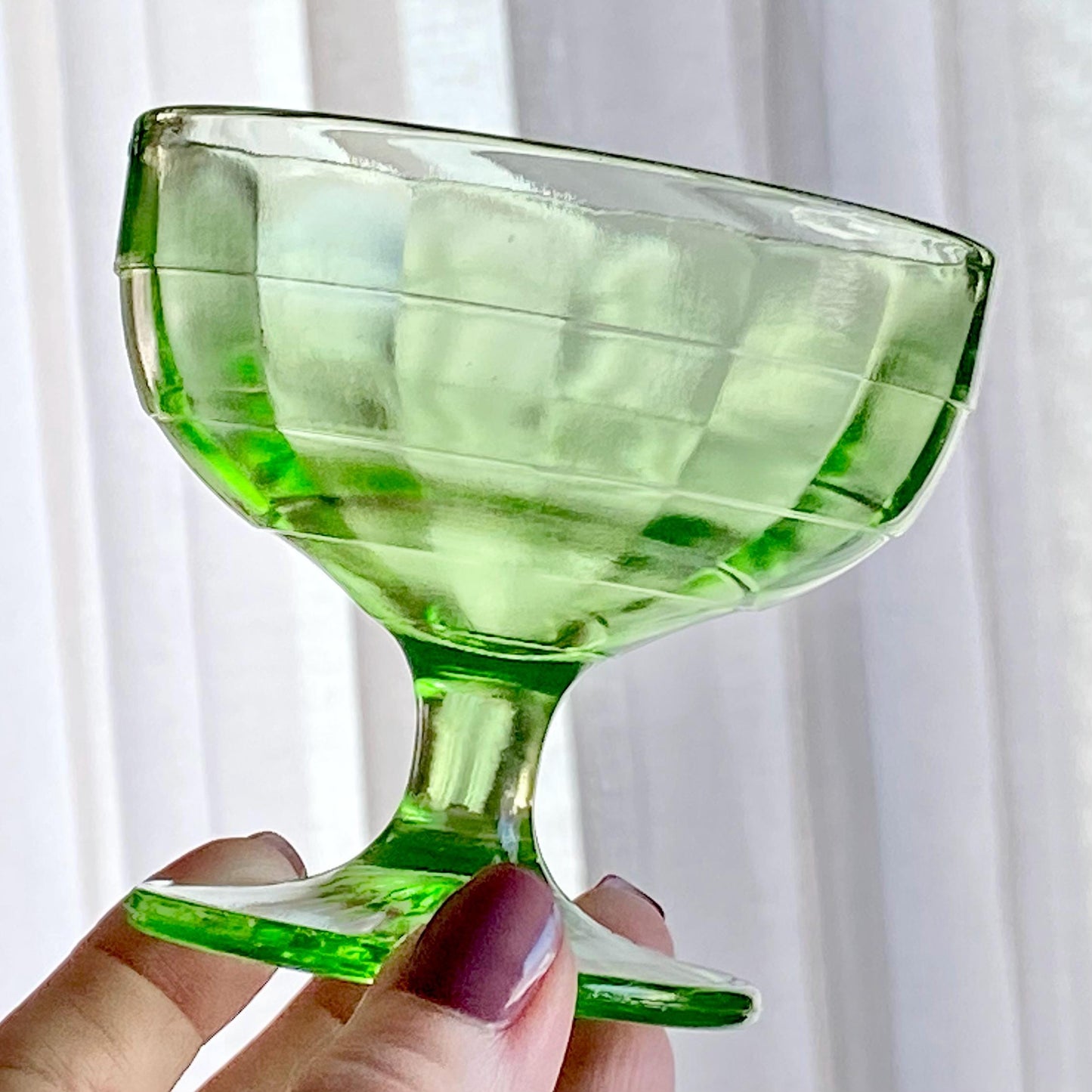 Vintage Anchor Hocking Block Optic Green Uranium Glass Coupes / Sherbets (circa 1929 - 1933) - Set of 6