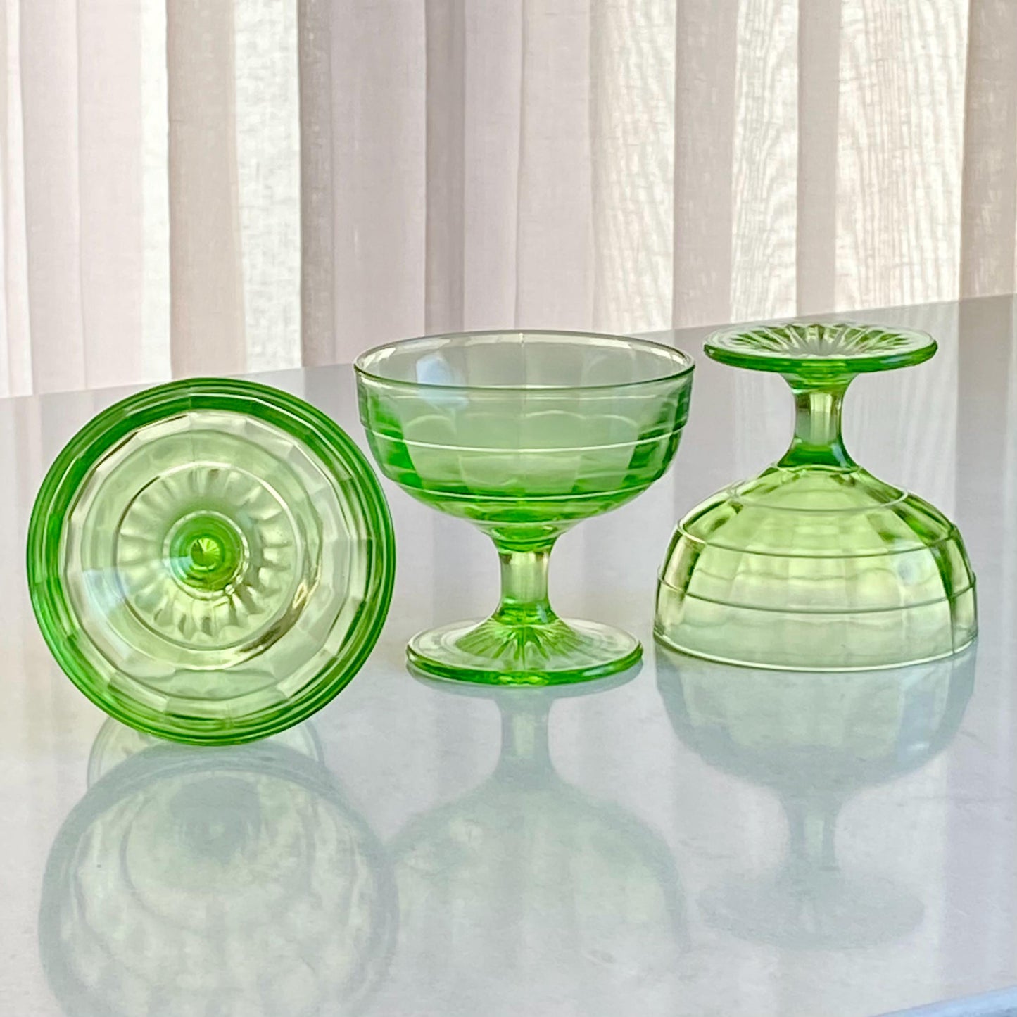 Vintage Anchor Hocking Block Optic Green Uranium Glass Coupes / Sherbets (circa 1929 - 1933) - Set of 6