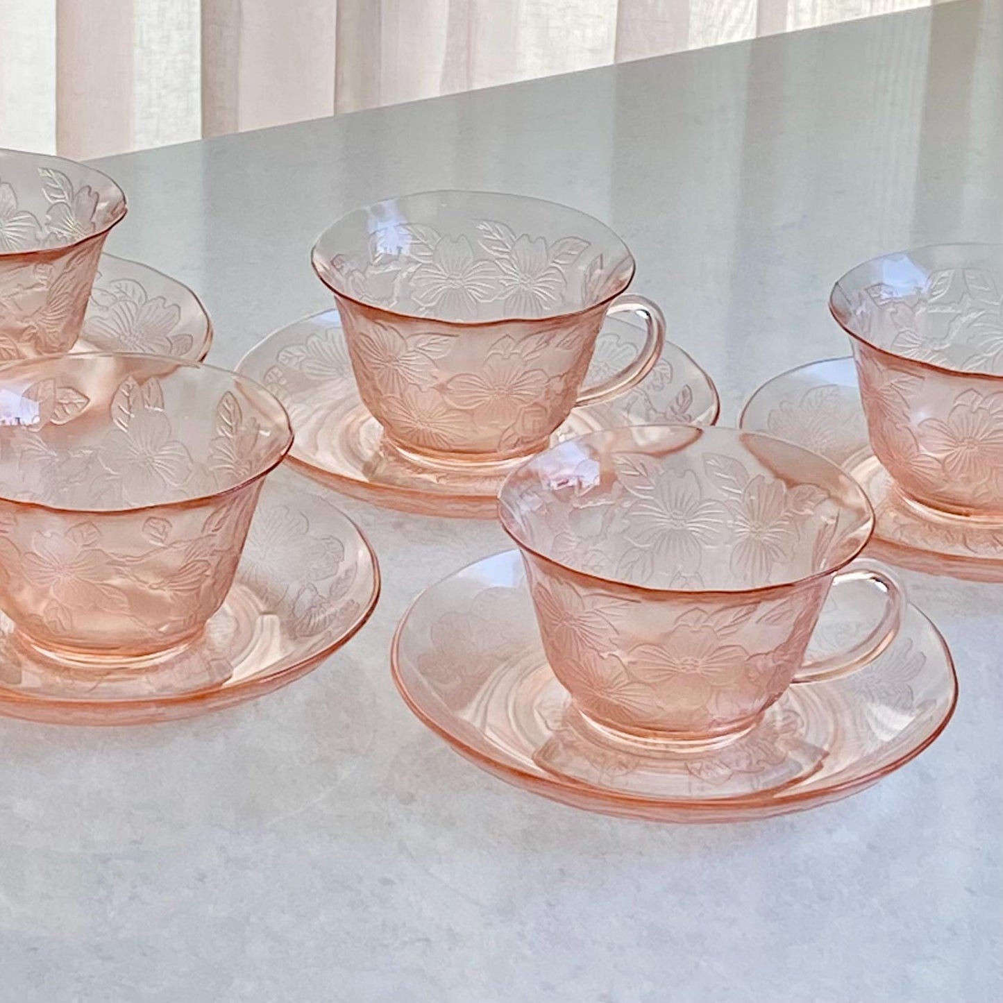 Vintage MacBeth Evans Dogwood Pink Cups and Saucers (circa 1930 - 1934) - 5 Sets, 10 pieces total